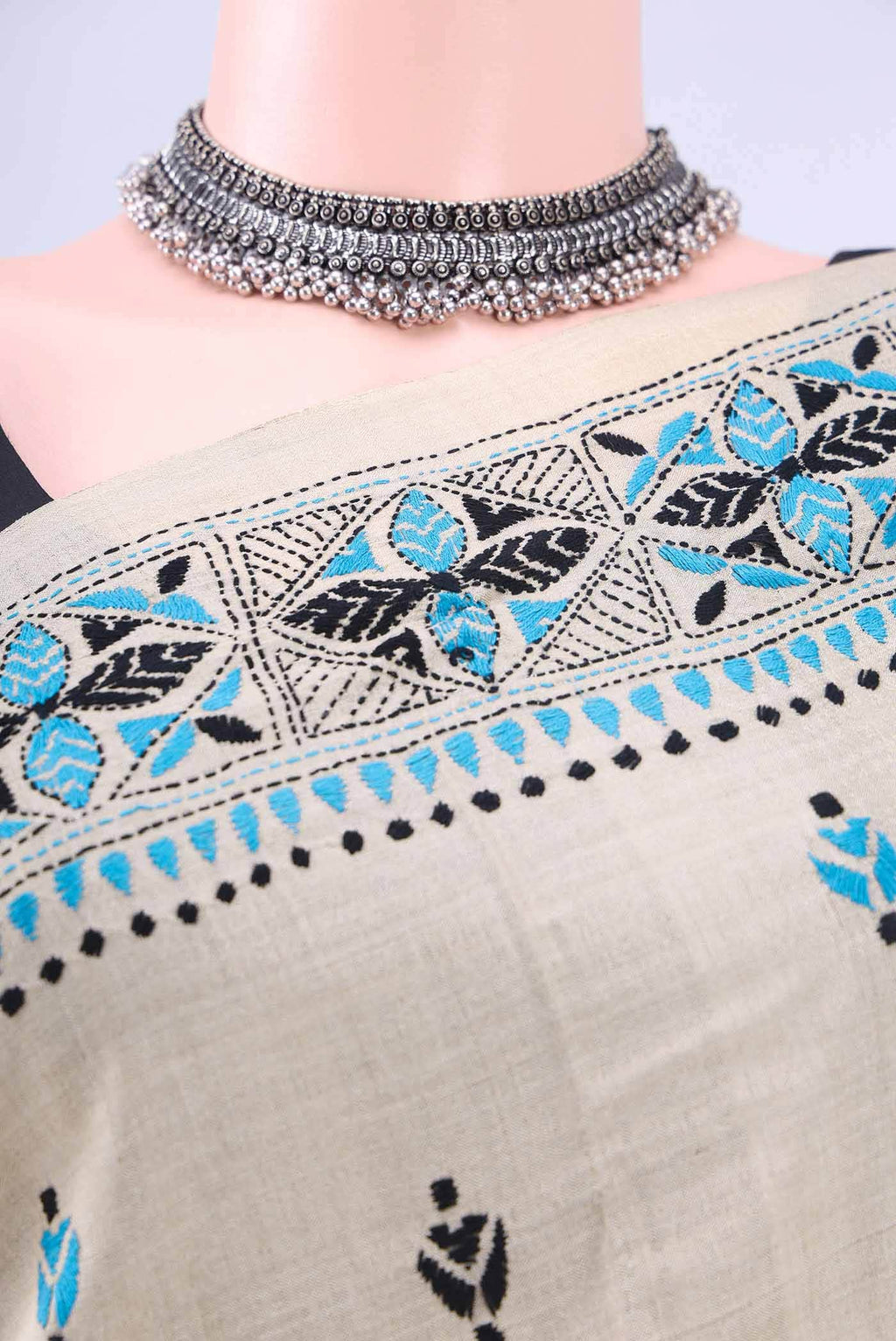 Beige Kantha Silk Saree