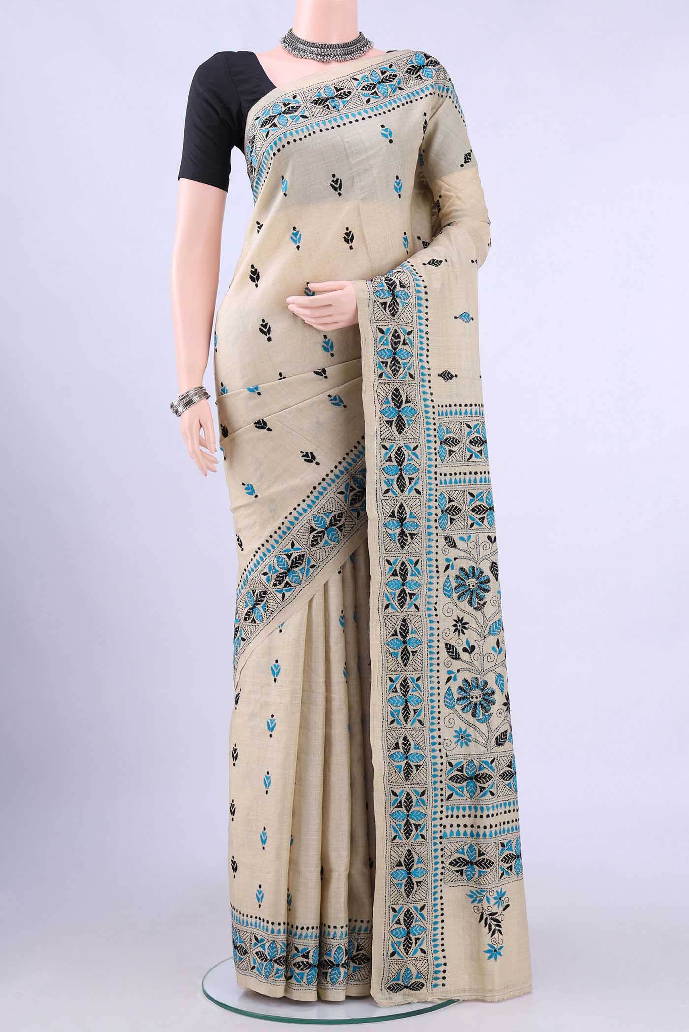 Beige Kantha Silk Saree