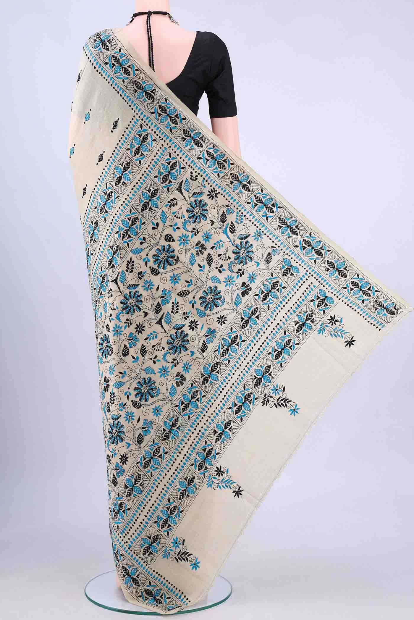 Beige Kantha Silk Saree
