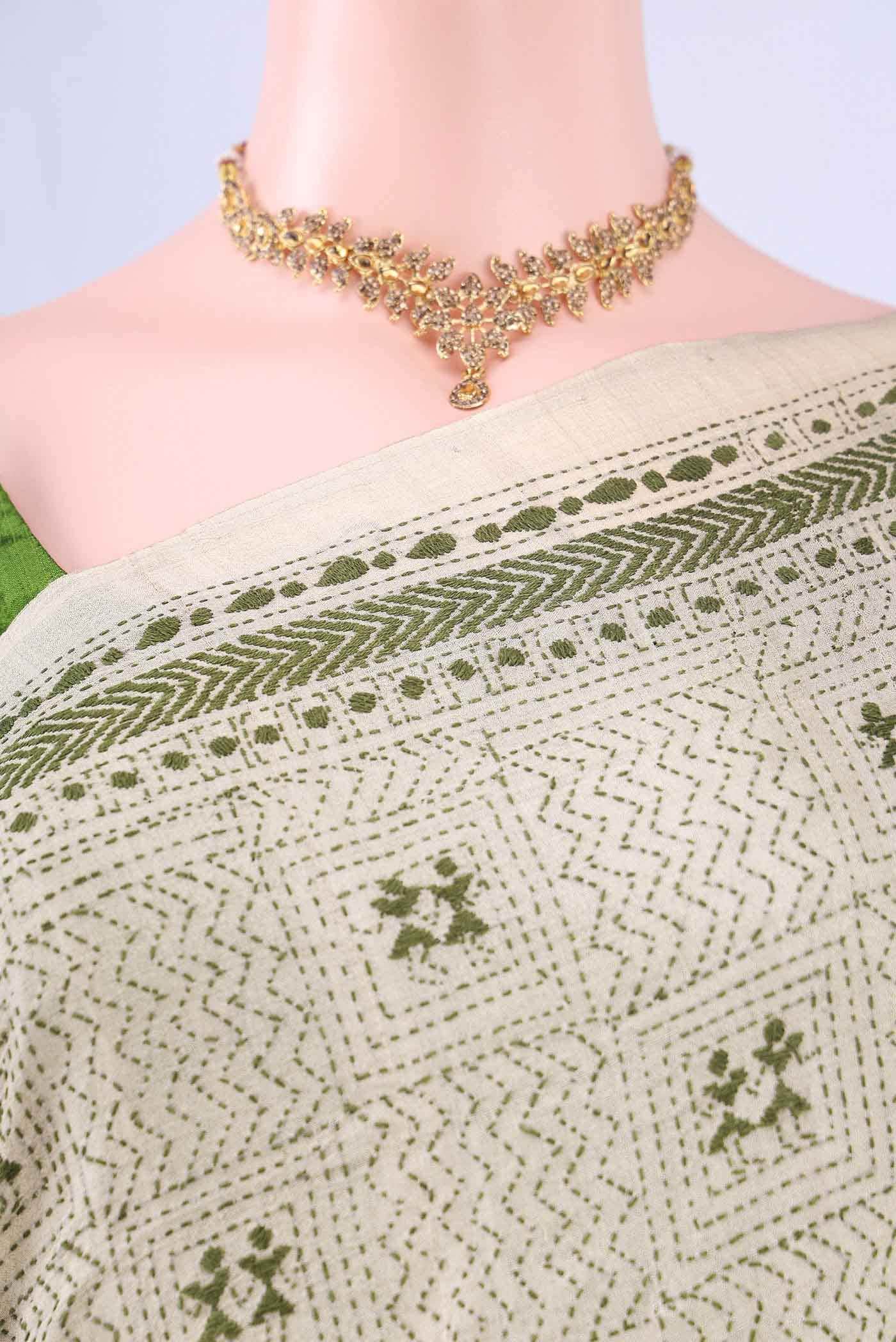 Beige Kantha Silk Saree