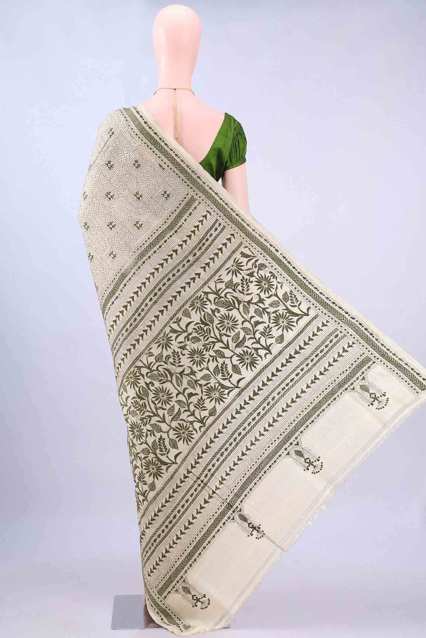 Beige Kantha Silk Saree