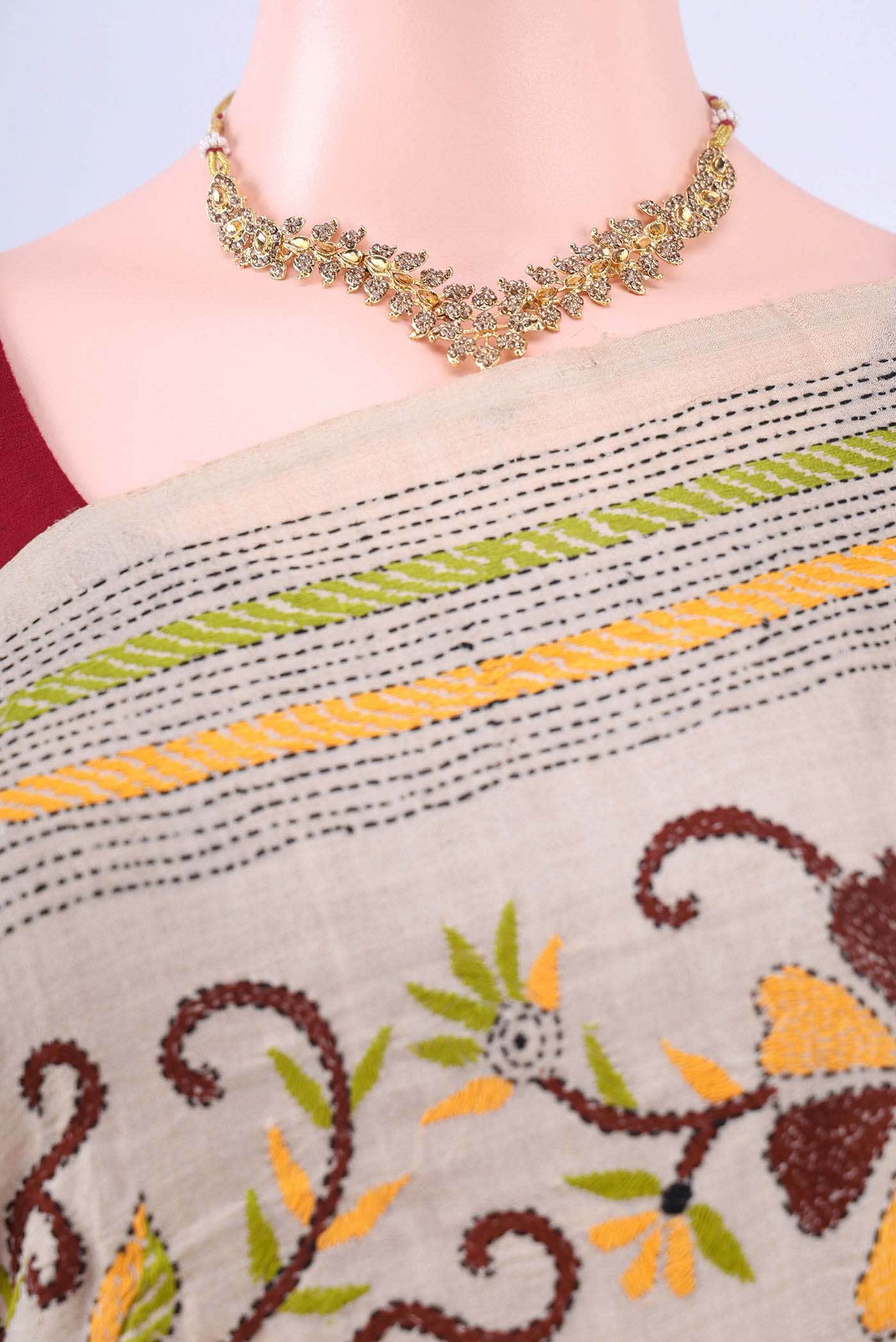 Beige Kantha Silk Saree