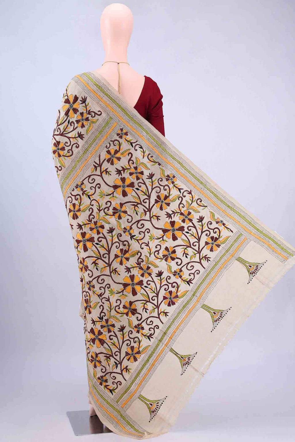 Beige Kantha Silk Saree