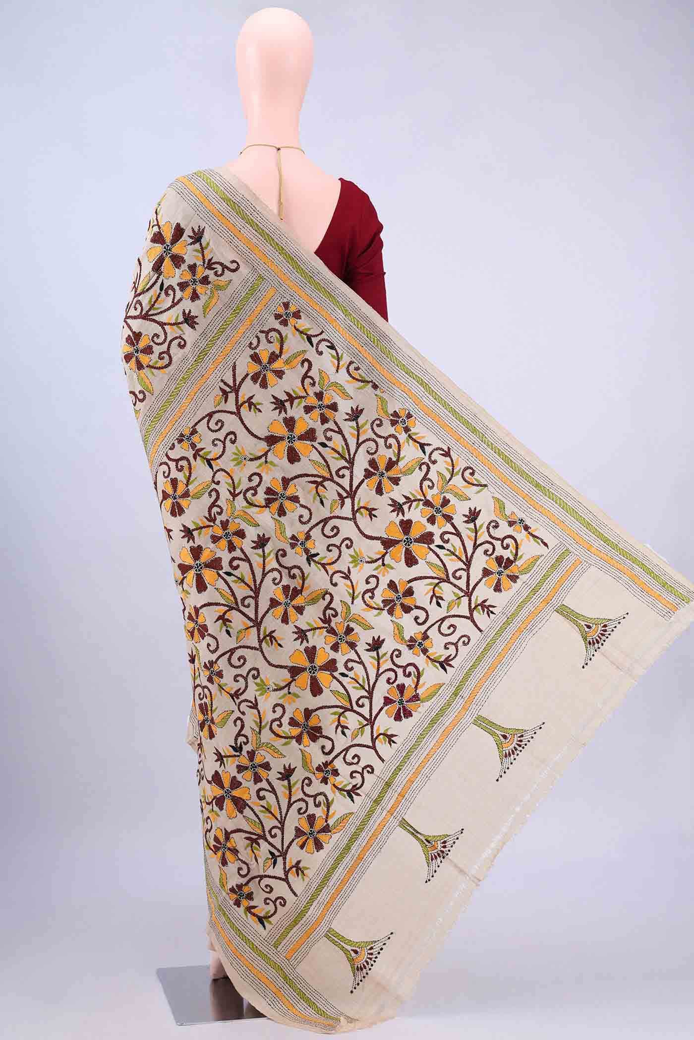 Beige Kantha Silk Saree
