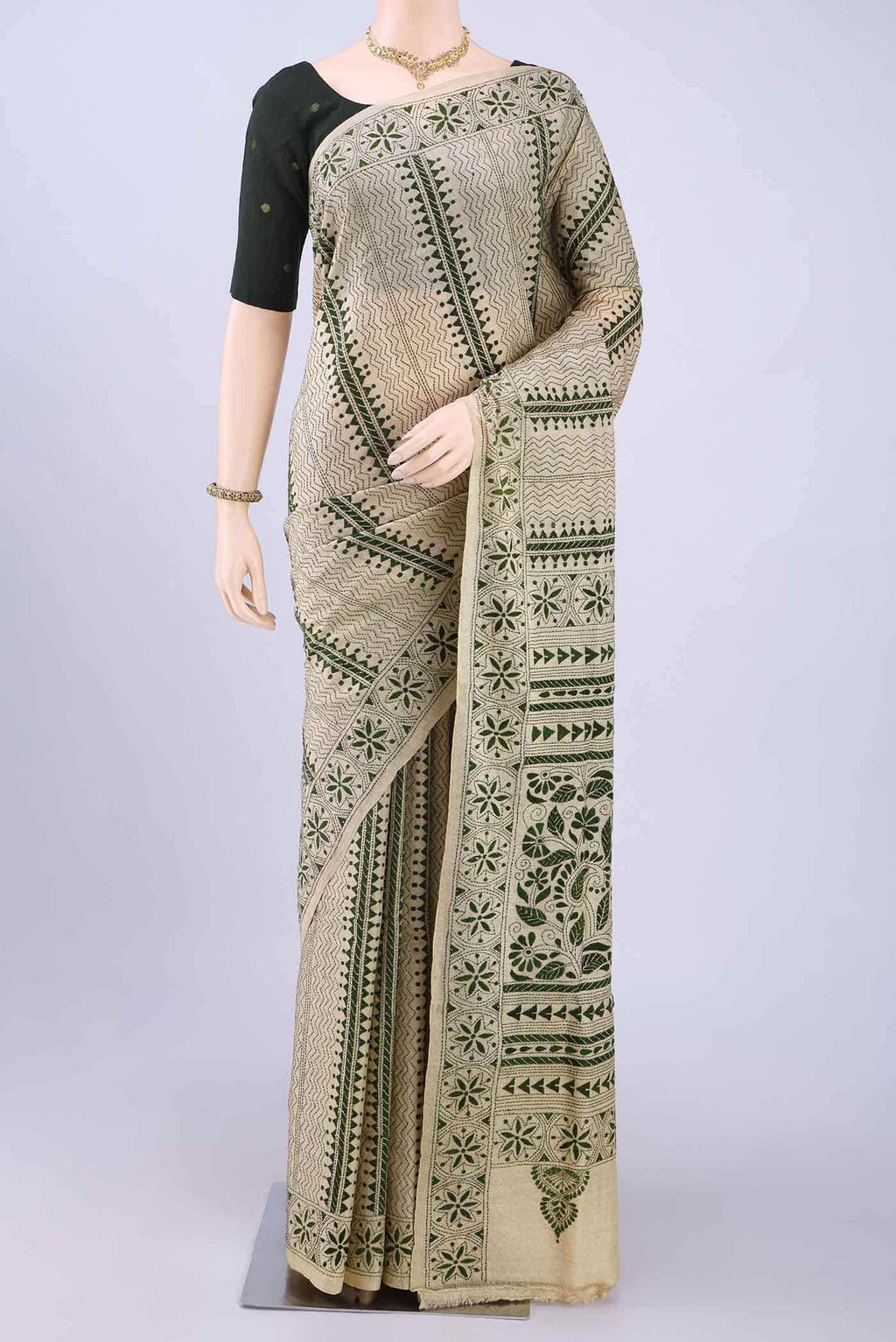 Beige Kantha Silk Saree