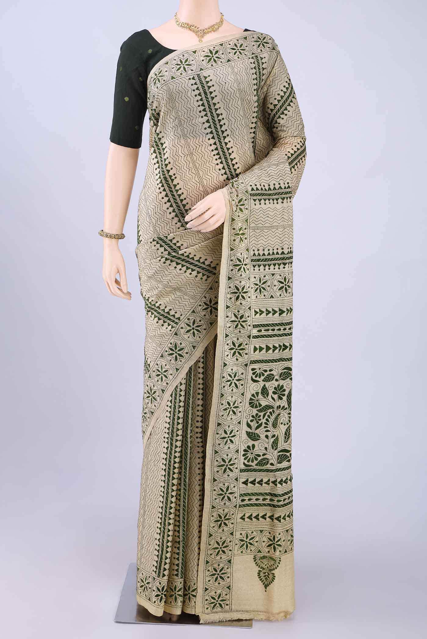 Beige Kantha Silk Saree