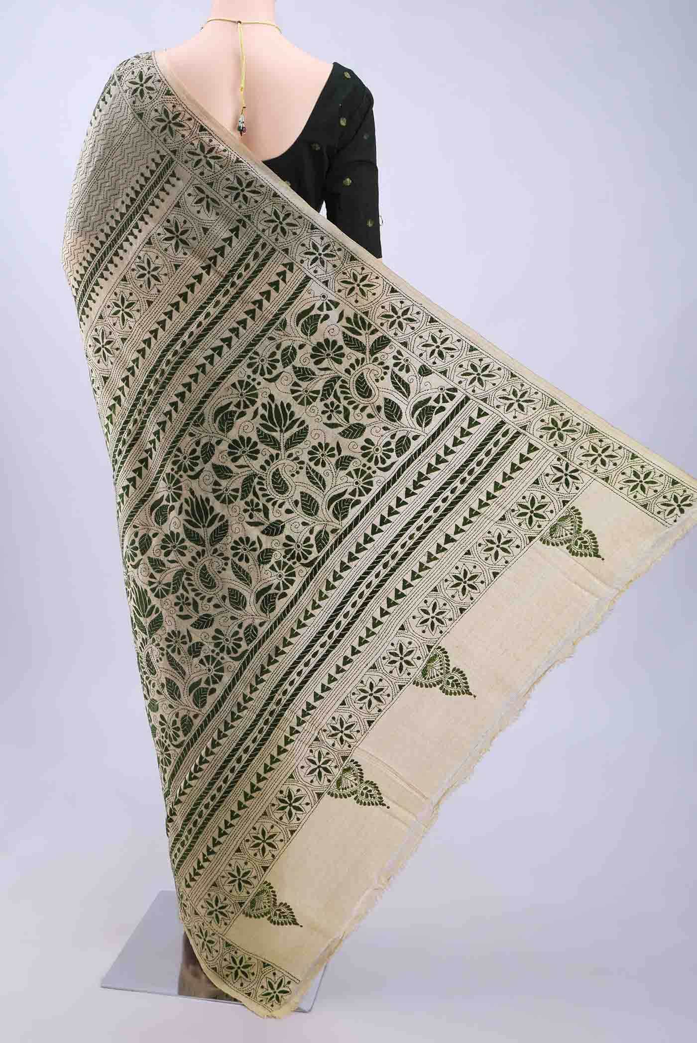 Beige Kantha Silk Saree