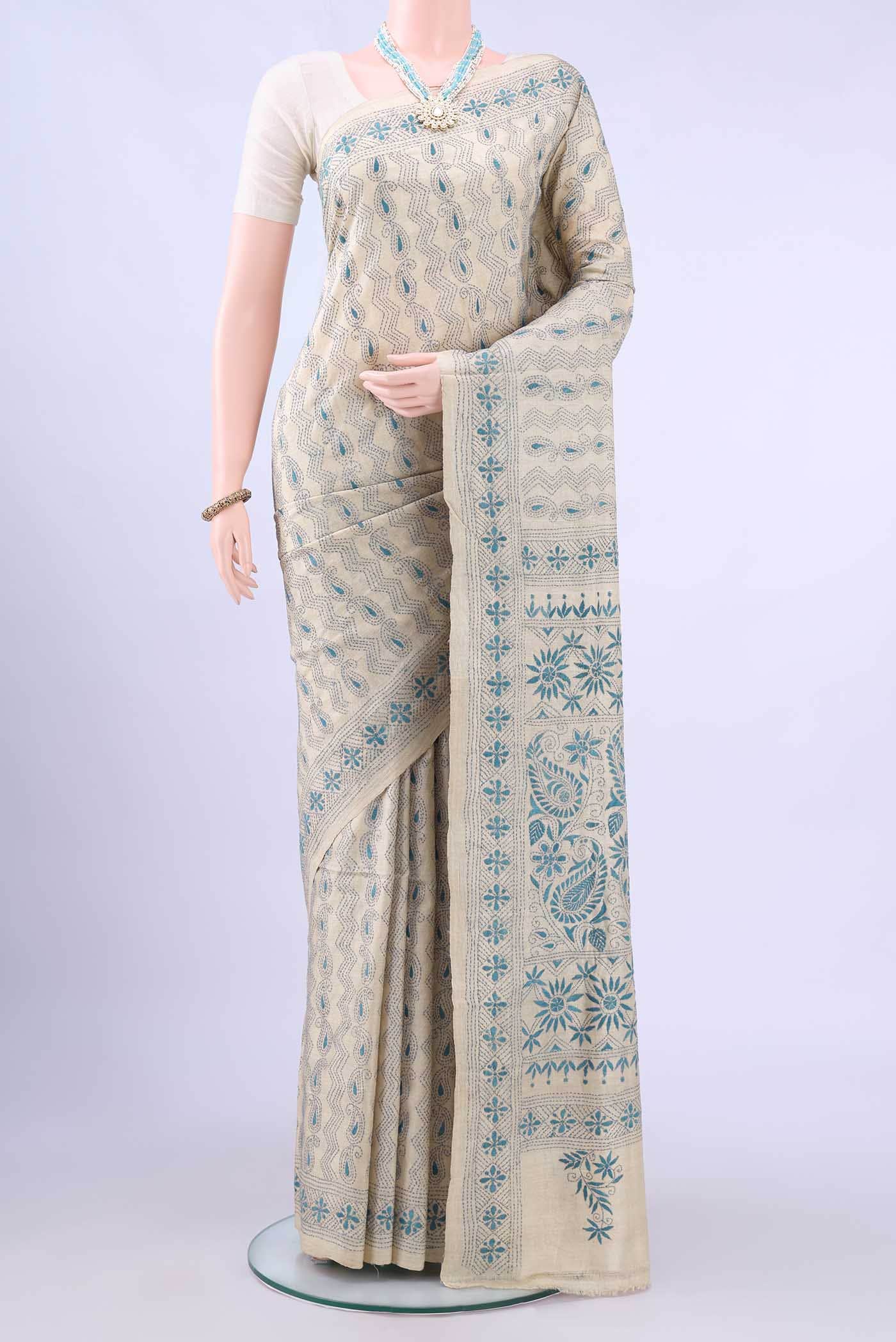 Beige Kantha Silk Saree