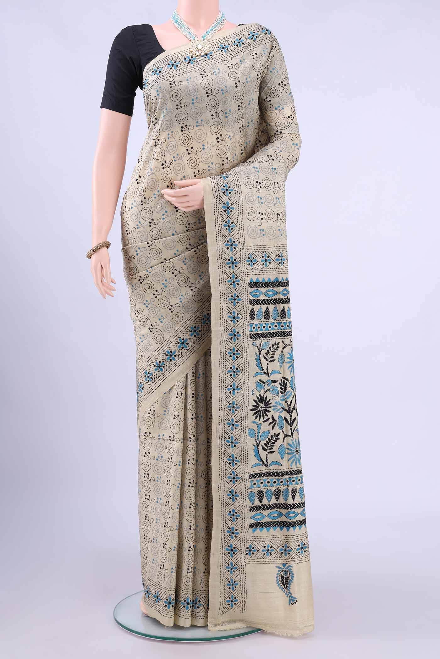 Beige Kantha Silk Saree