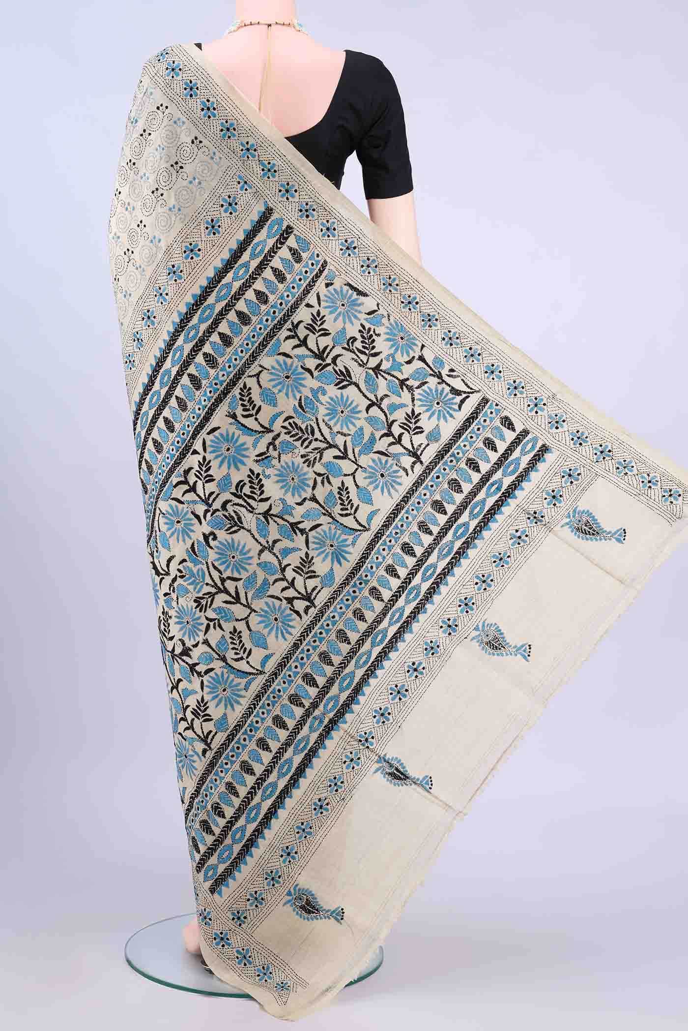 Beige Kantha Silk Saree