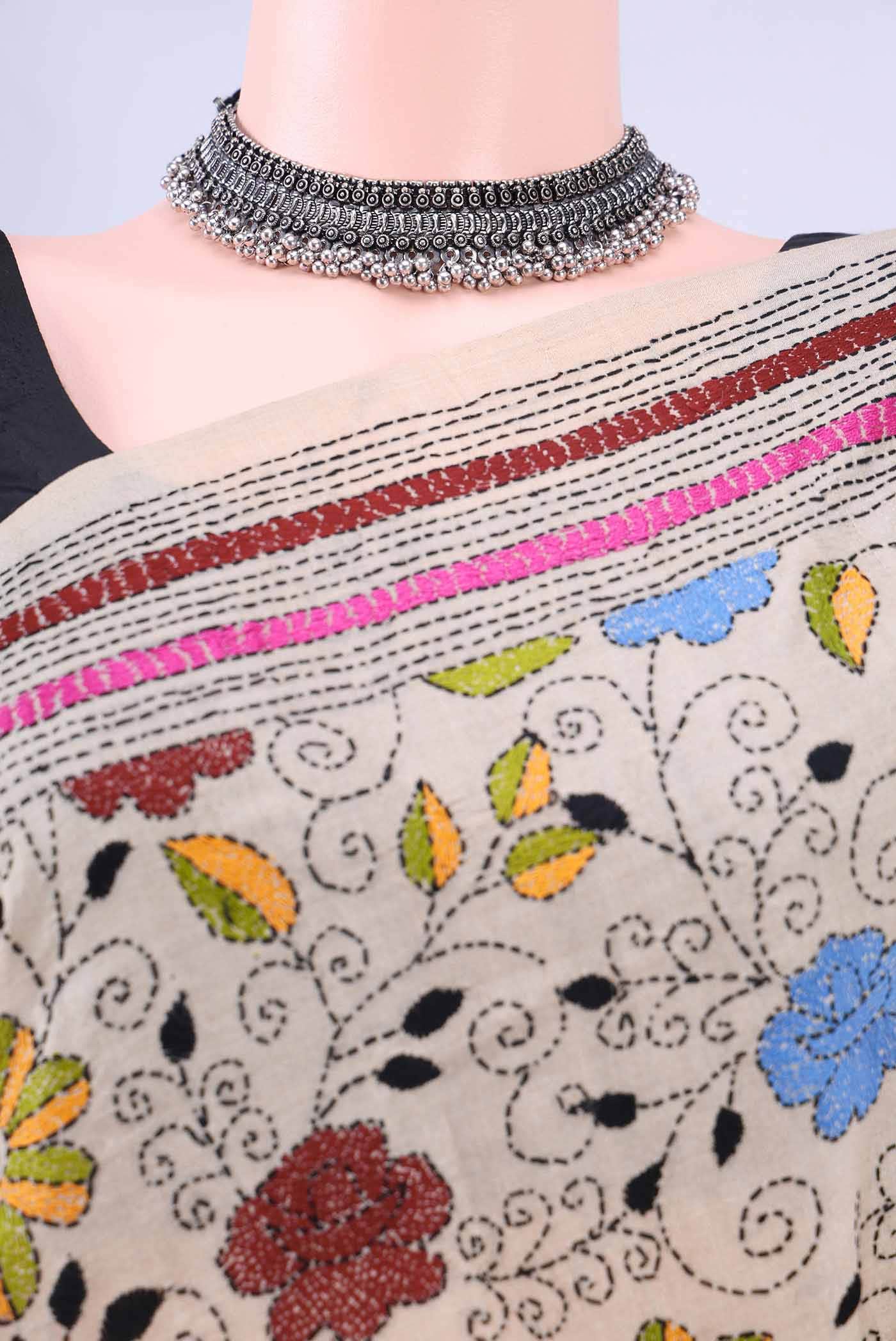 Beige Kantha Silk Saree