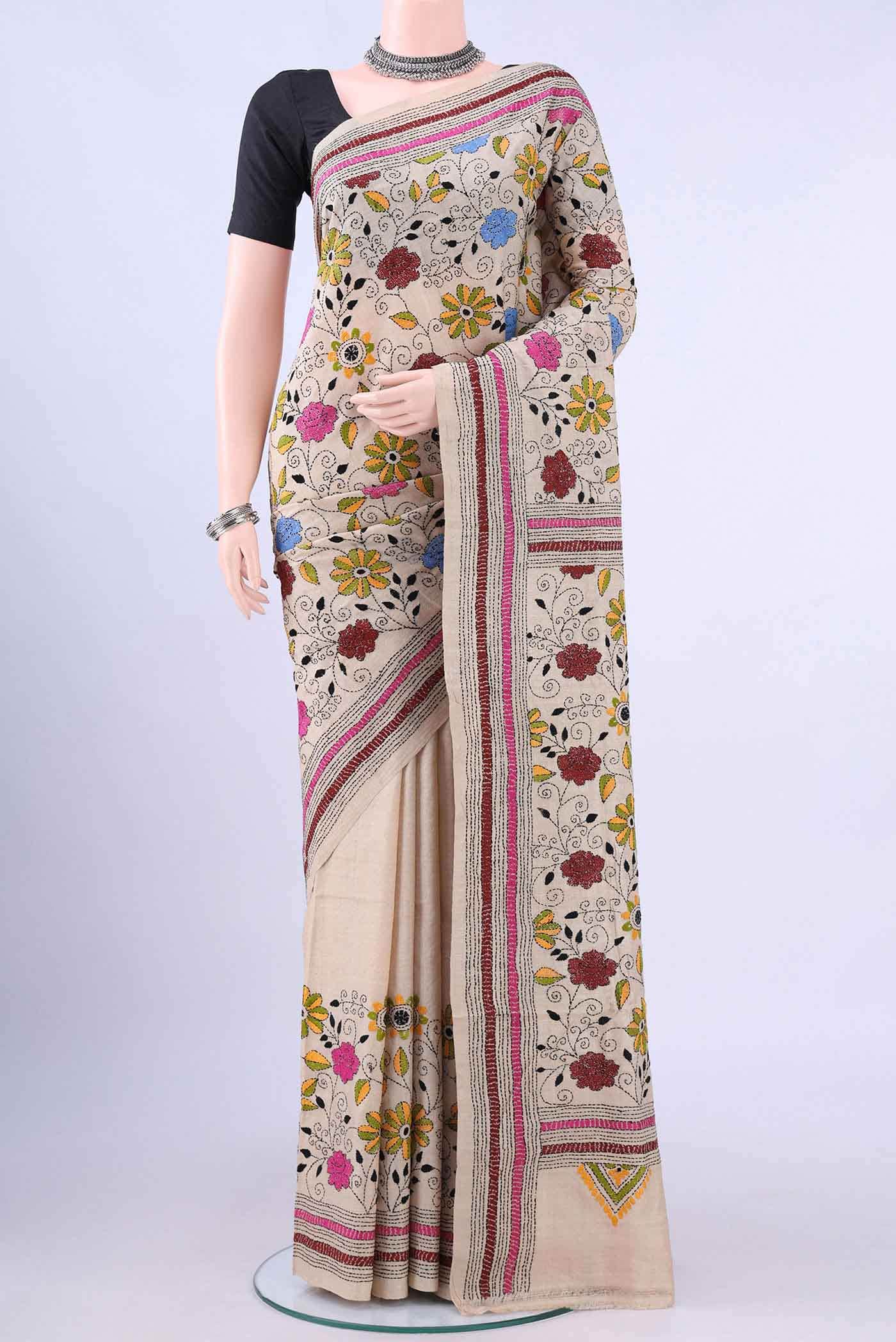 Beige Kantha Silk Saree