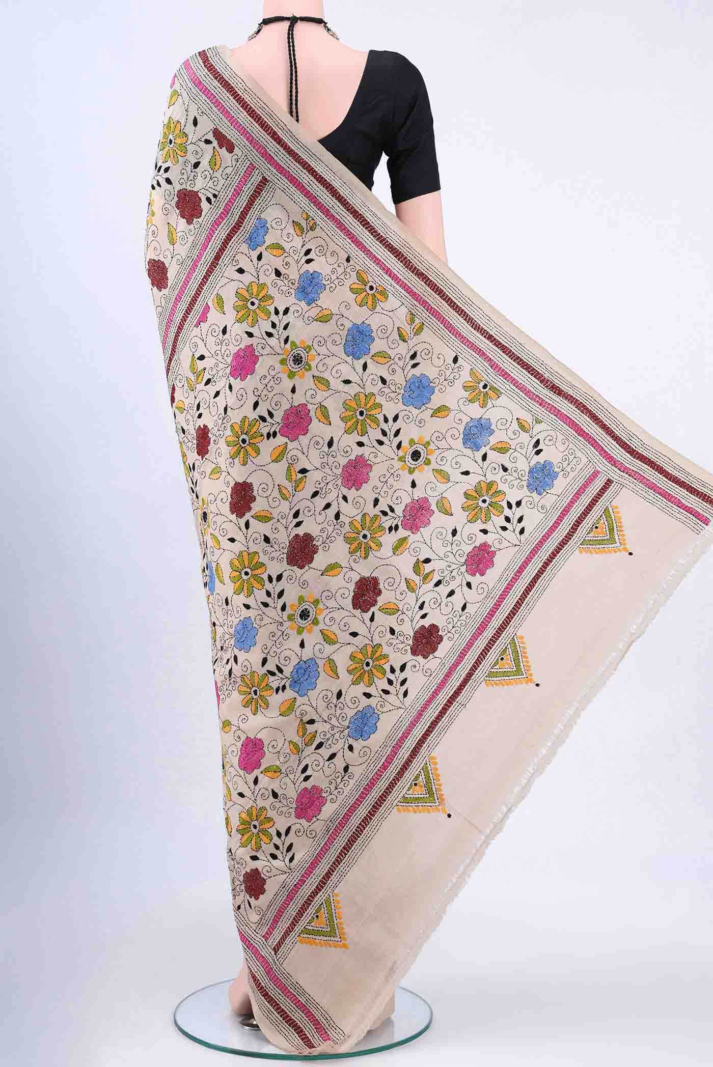Beige Kantha Silk Saree