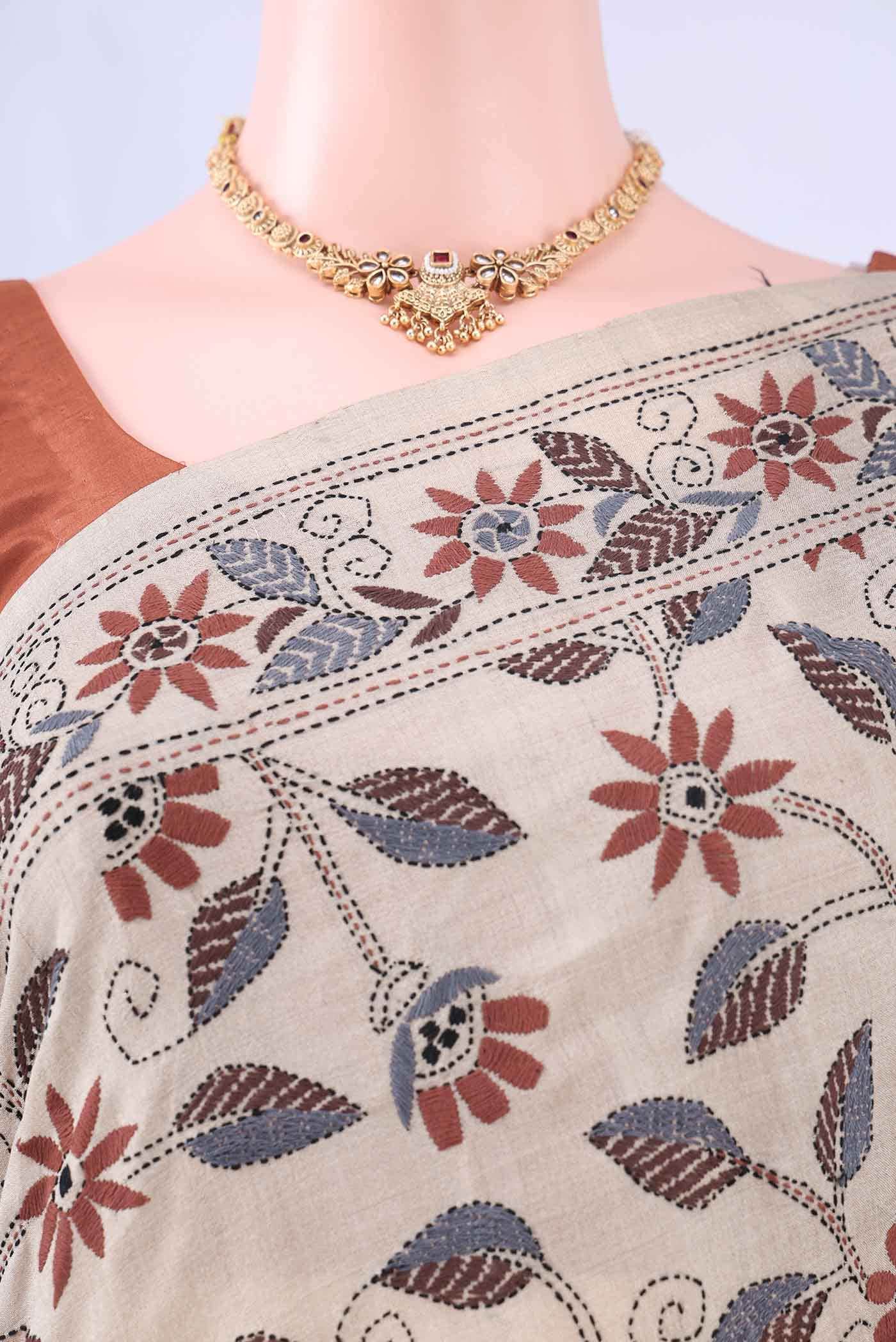 Beige Kantha Silk Saree
