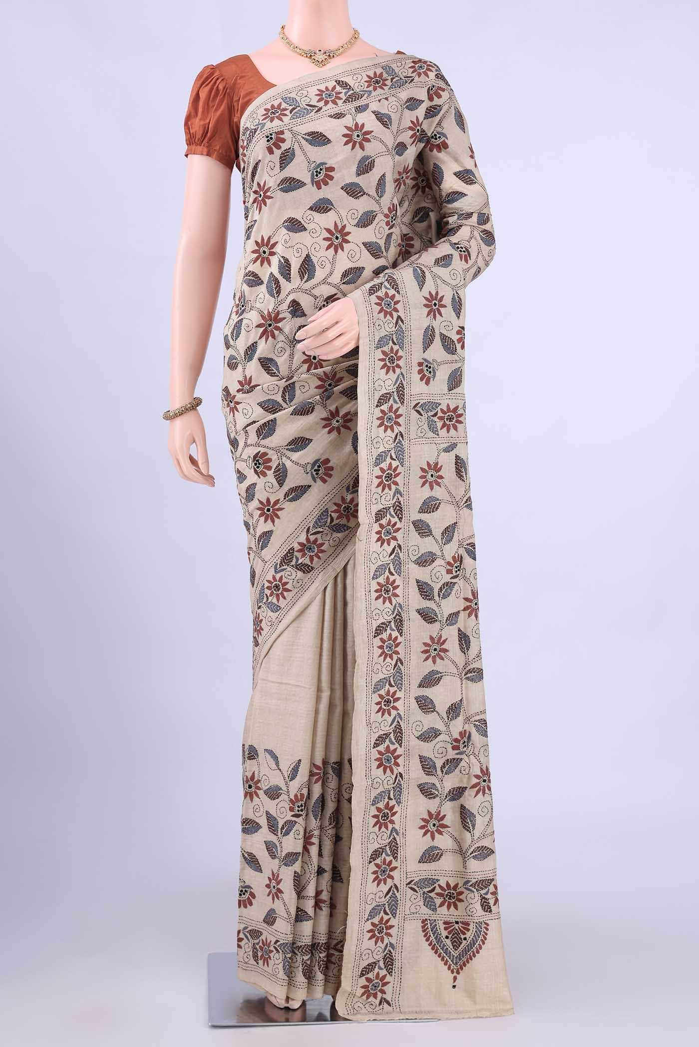 Beige Kantha Silk Saree
