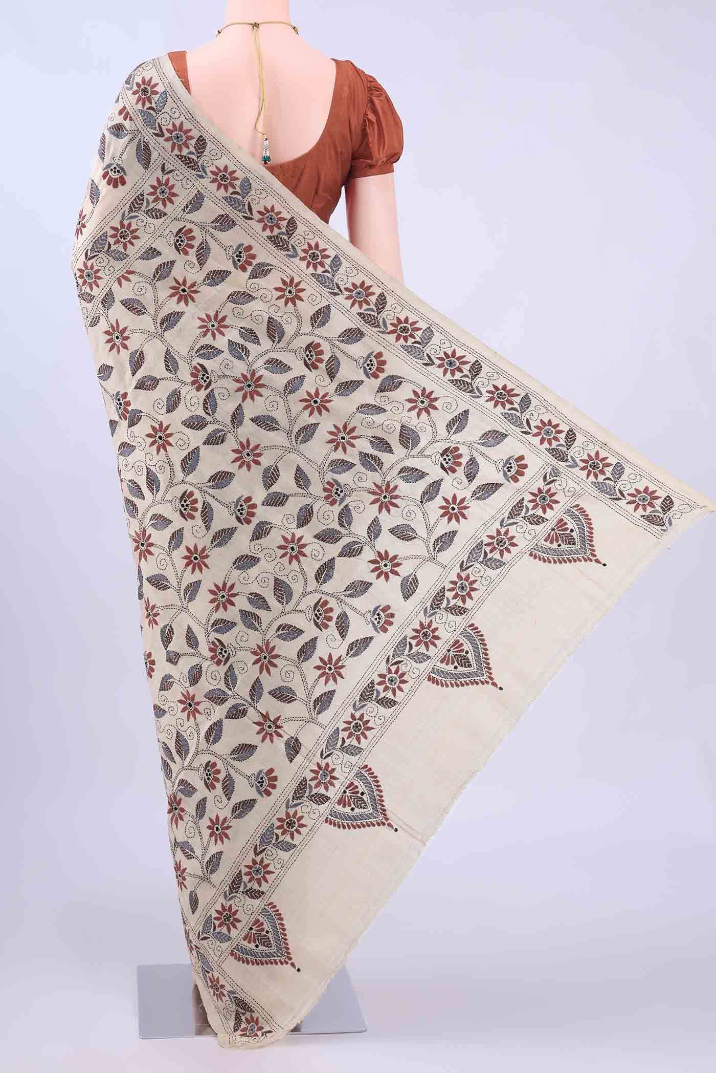 Beige Kantha Silk Saree