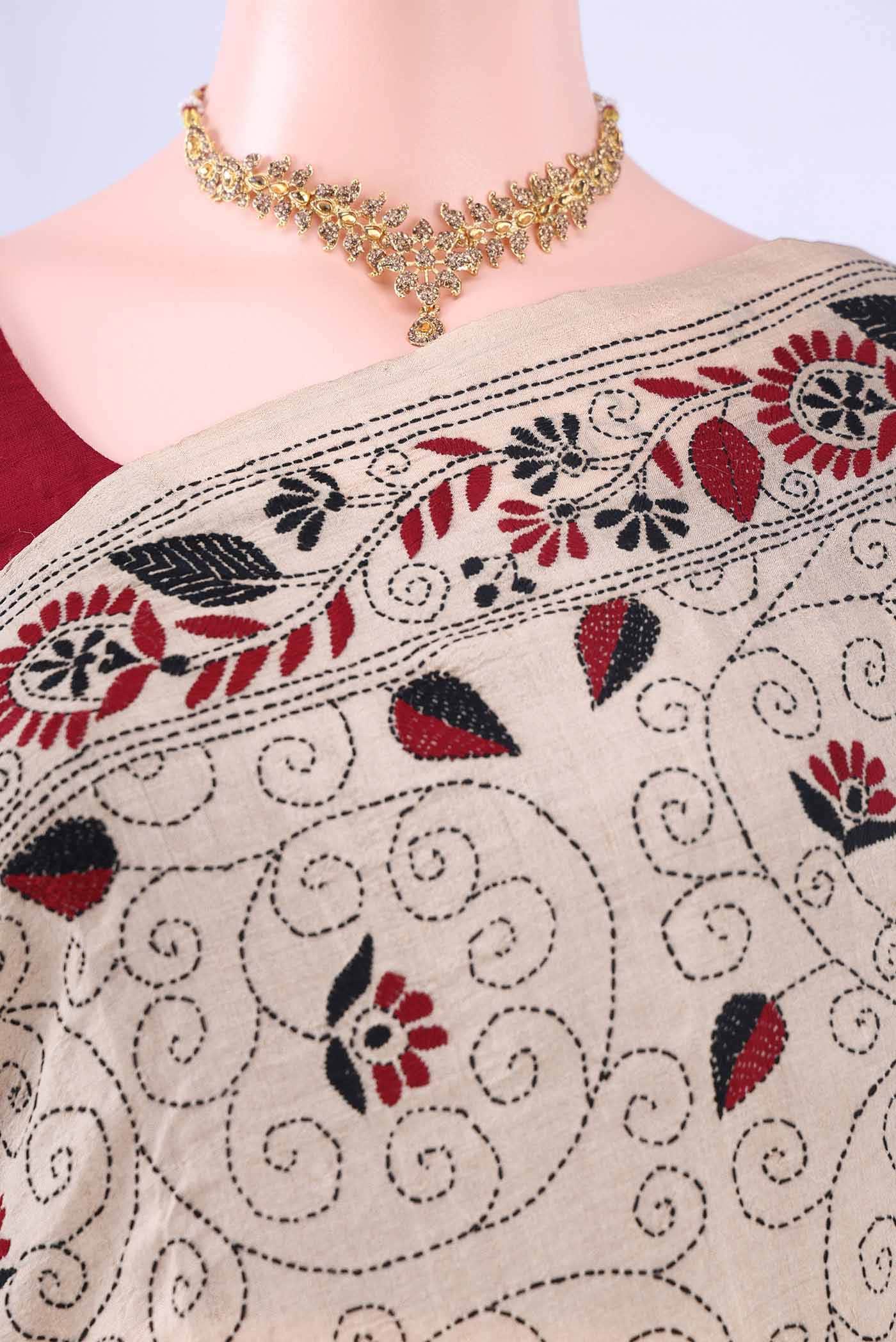 Beige Kantha Silk Saree