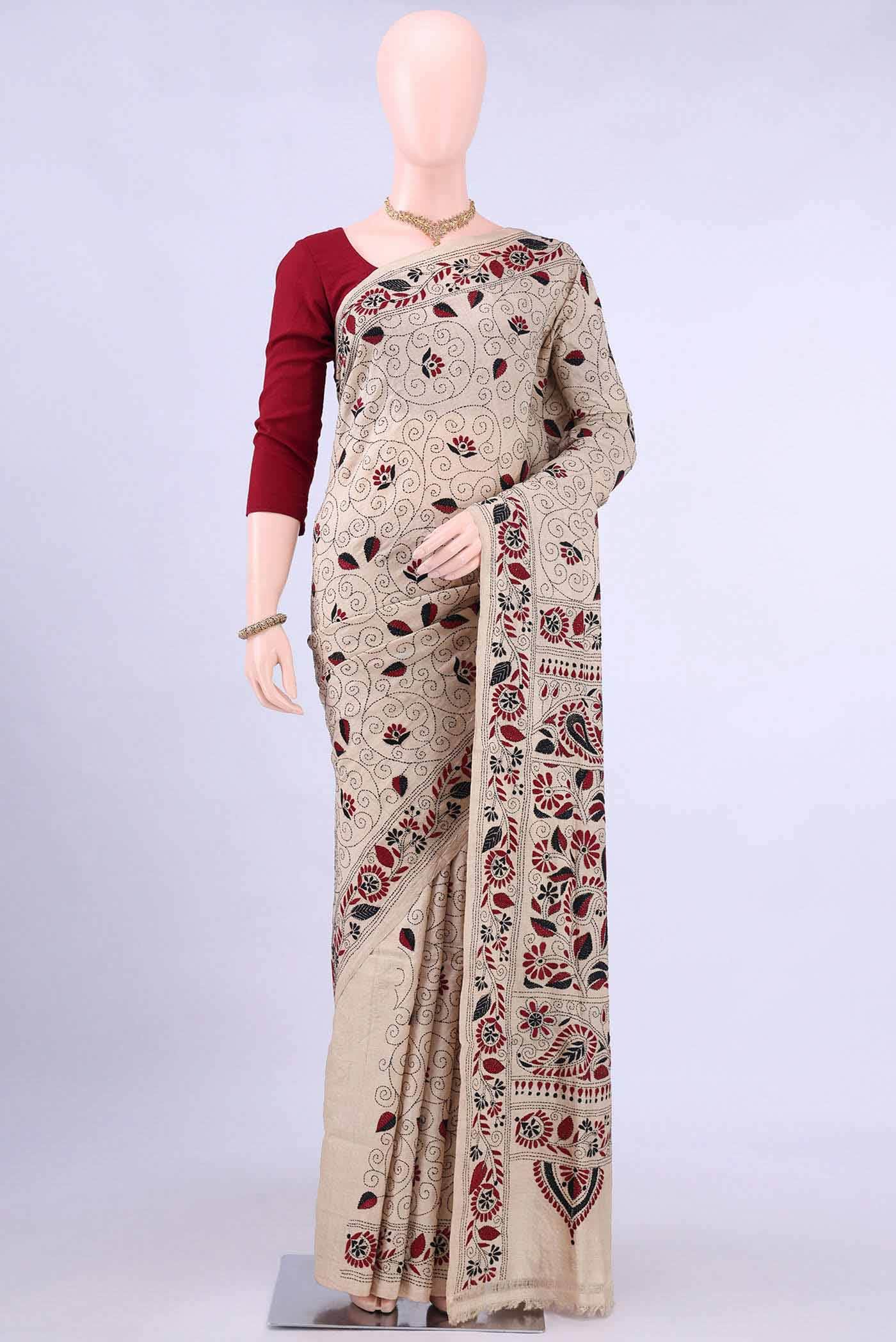 Beige Kantha Silk Saree