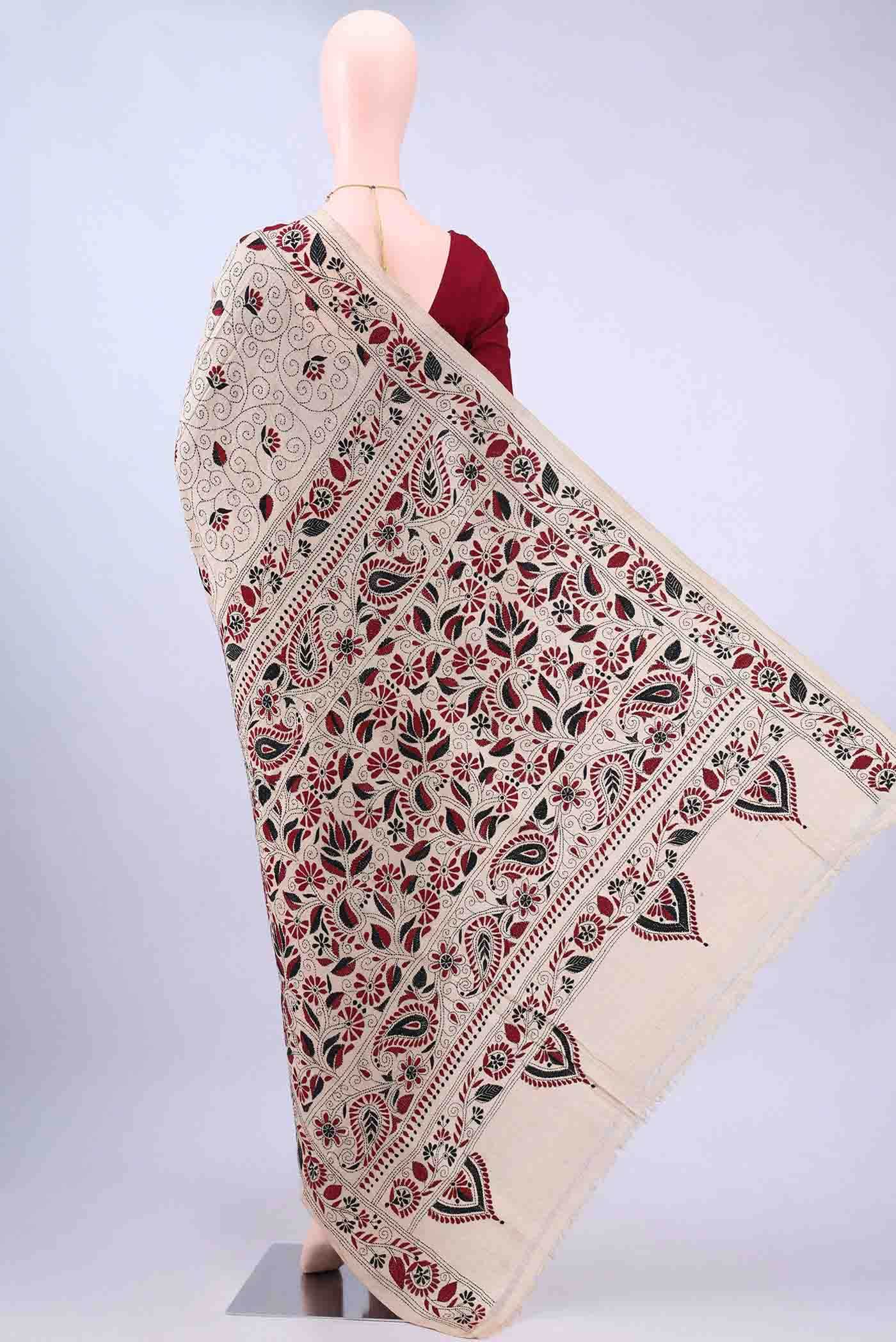 Beige Kantha Silk Saree