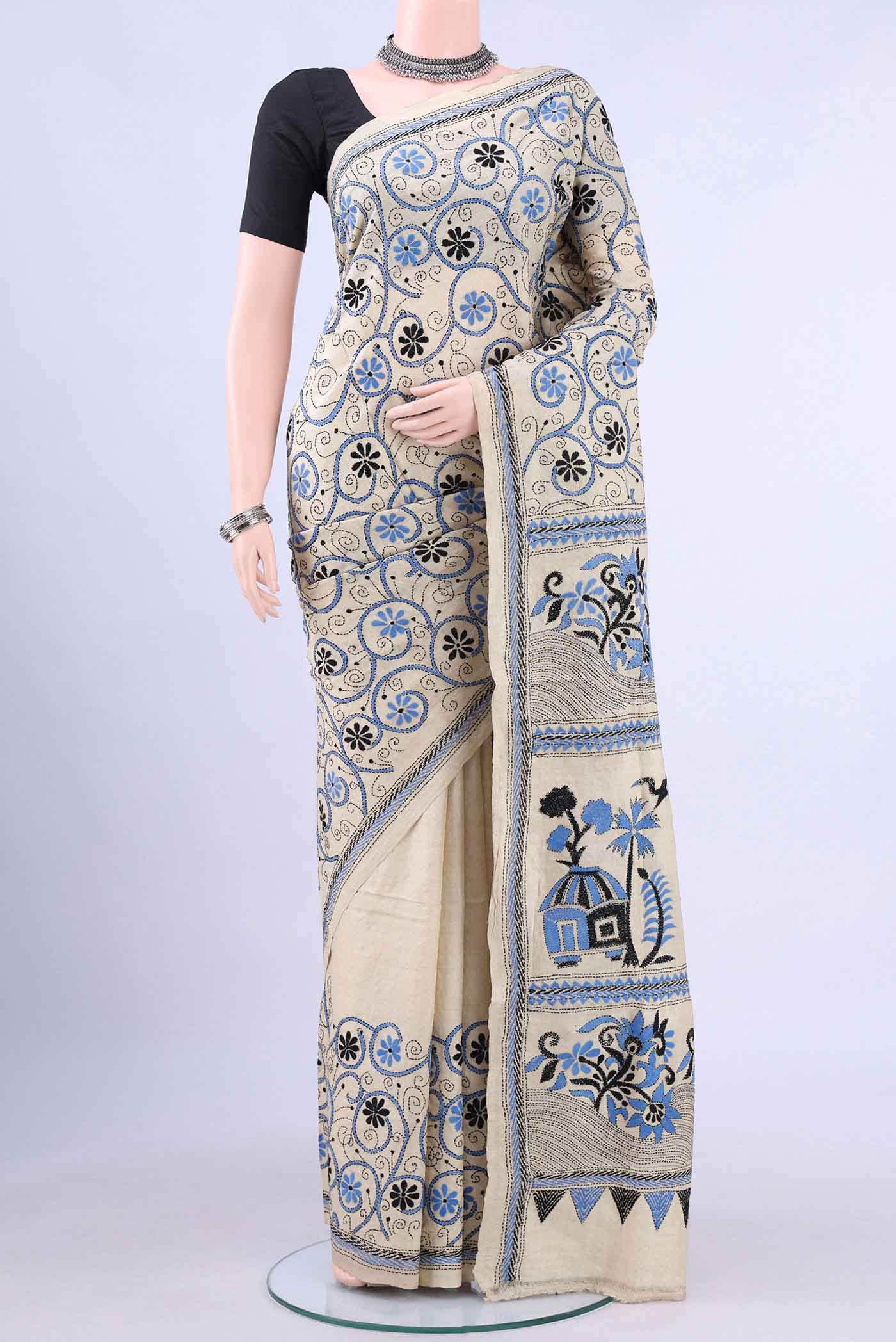 Beige Kantha Silk Saree