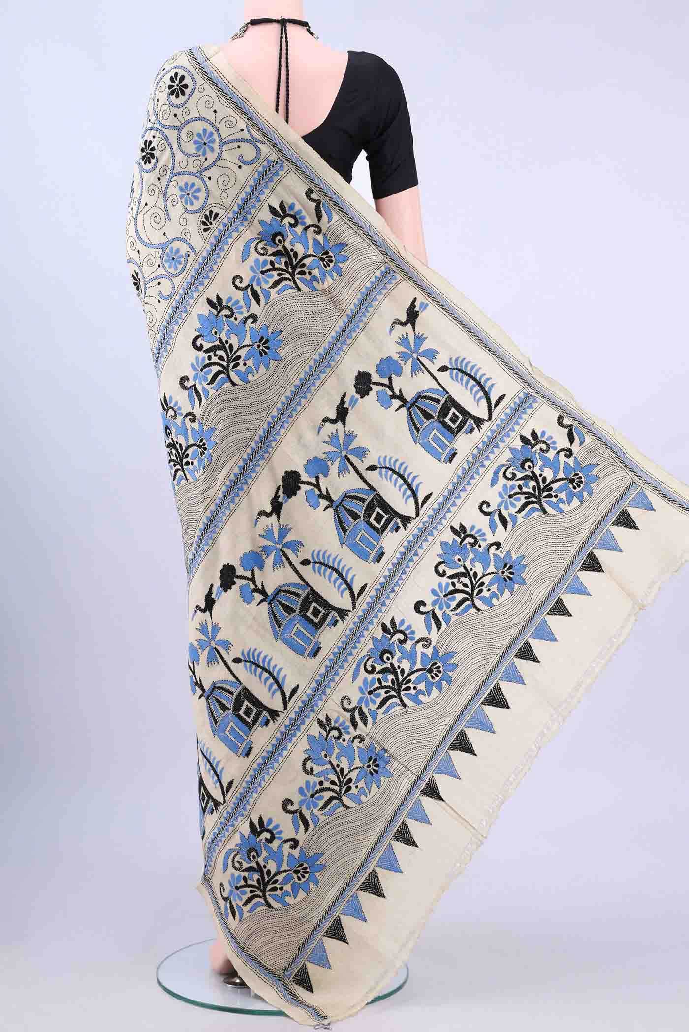 Beige Kantha Silk Saree