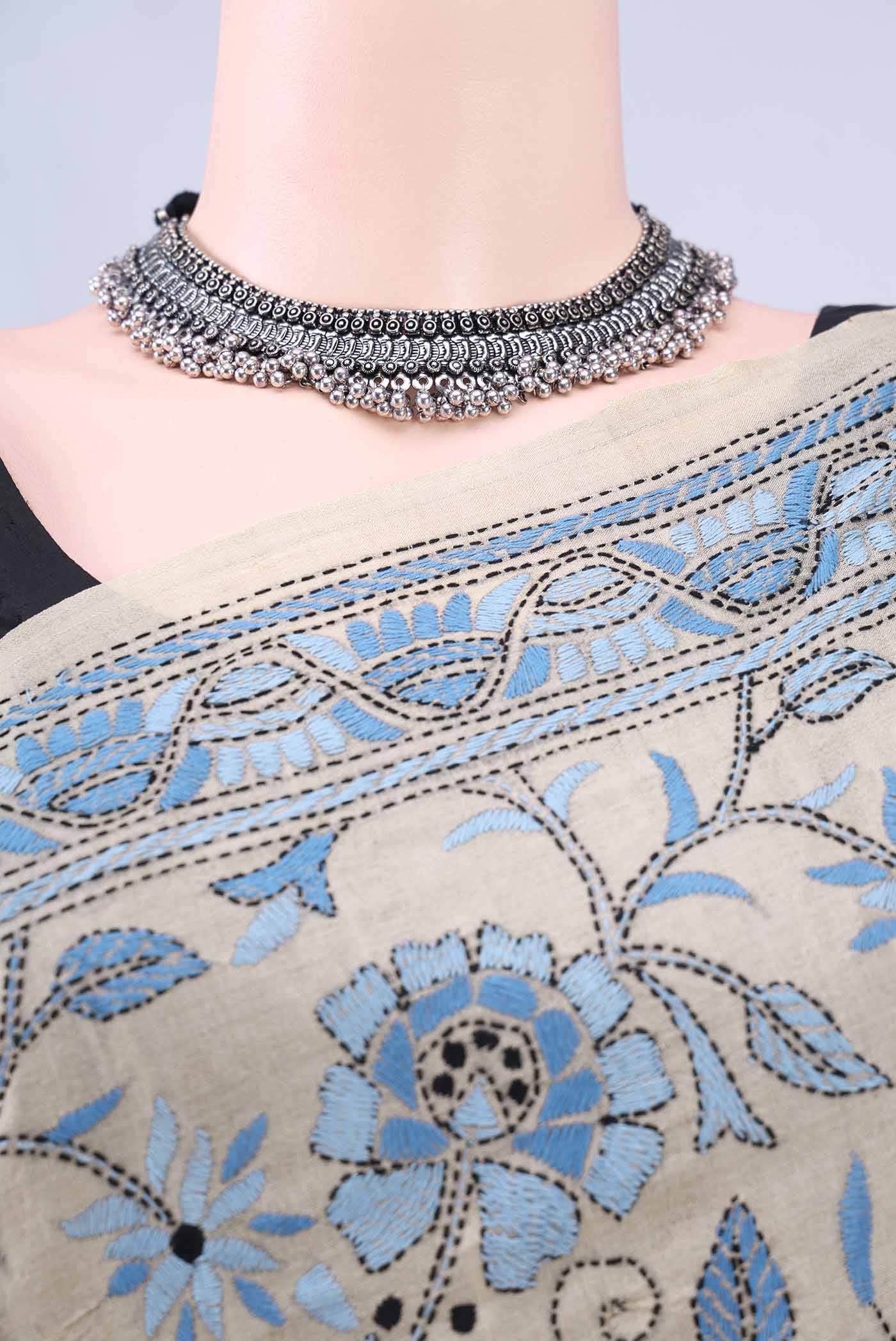 Beige Kantha Silk Saree