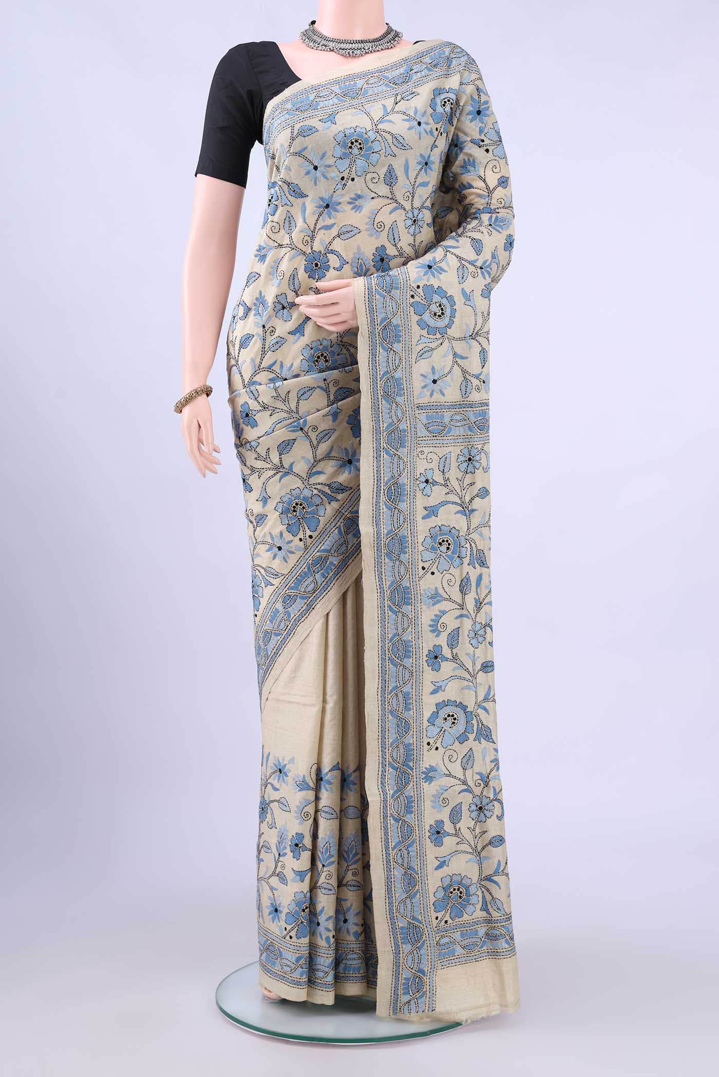 Beige Kantha Silk Saree