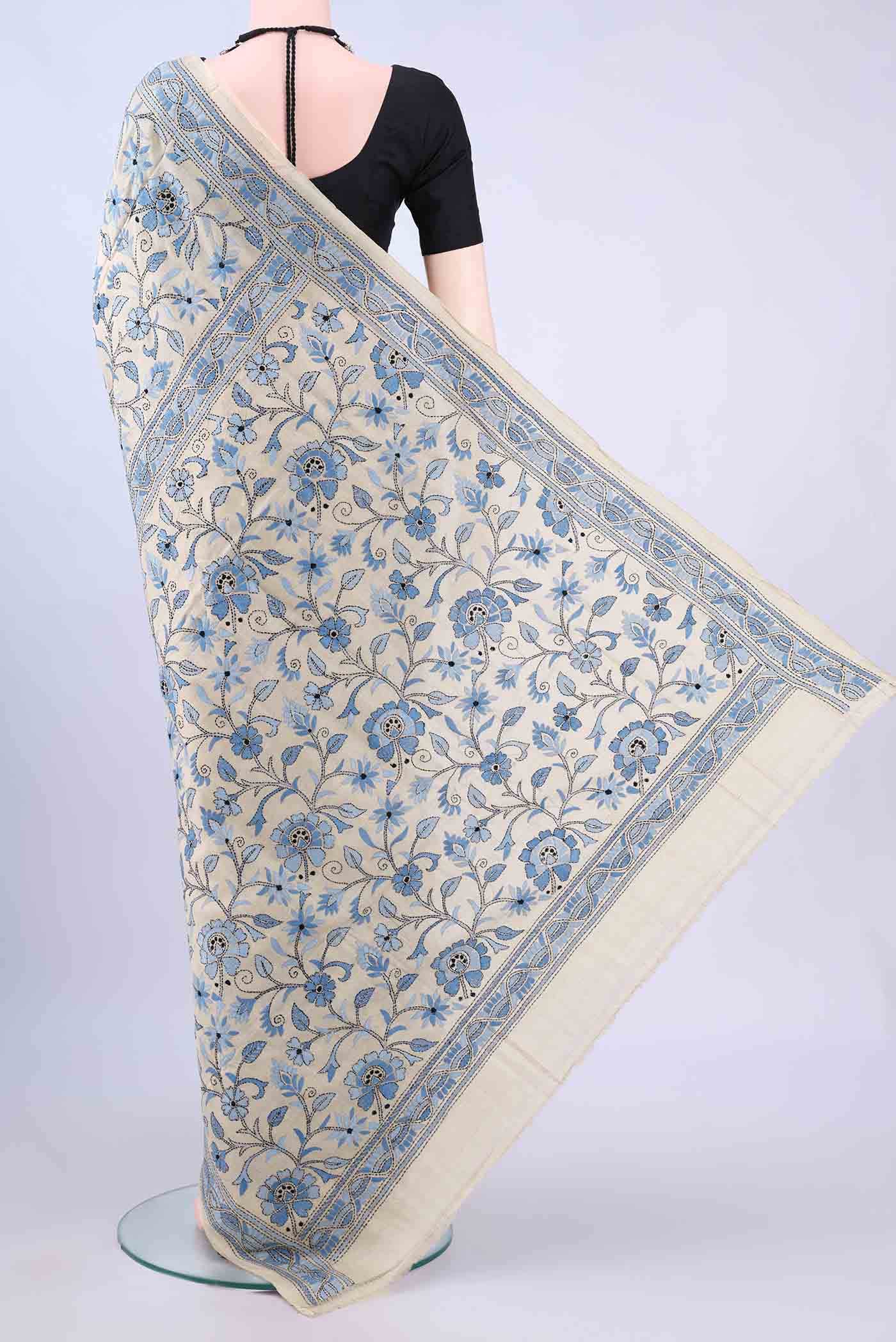 Beige Kantha Silk Saree