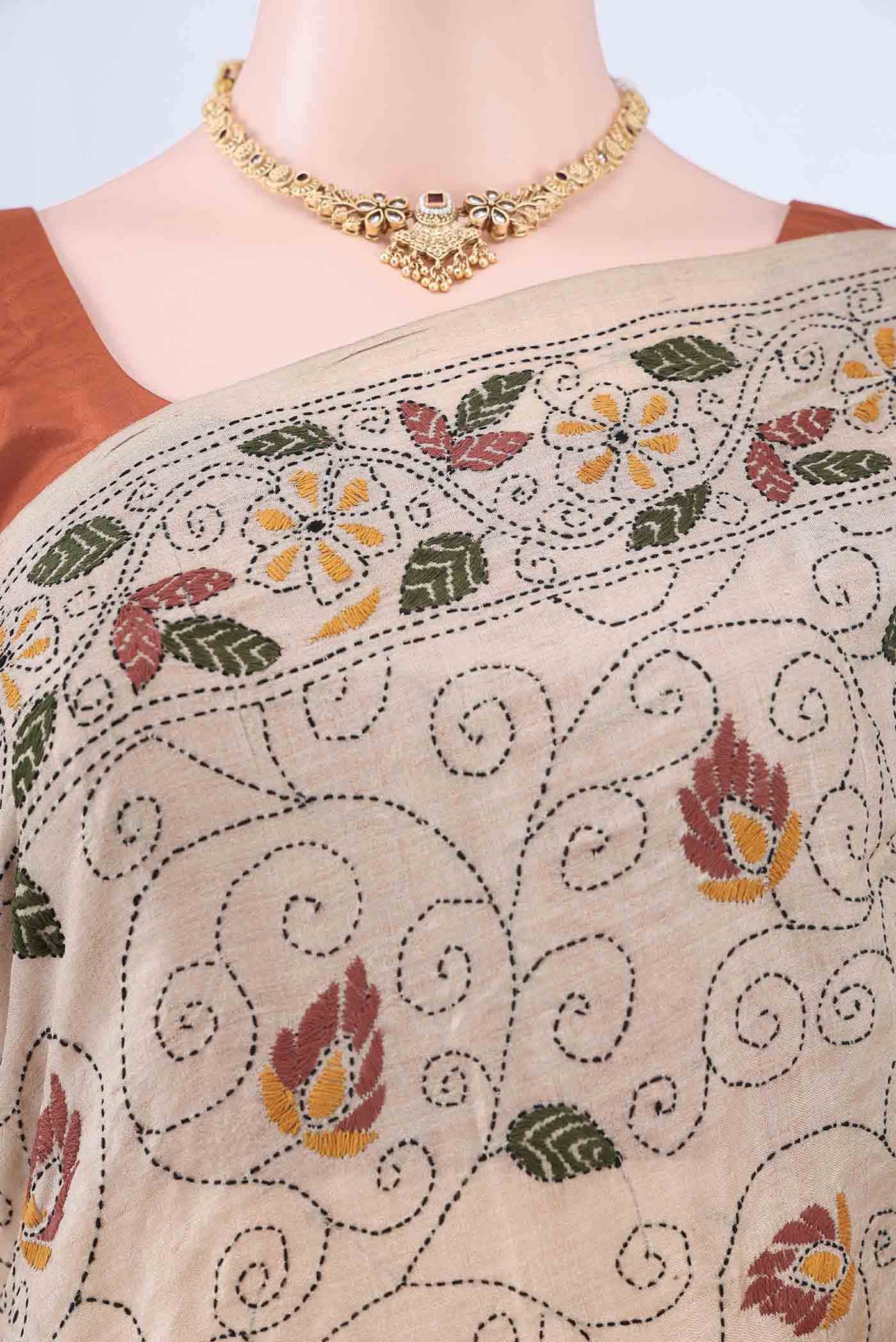 Beige Kantha Silk Saree