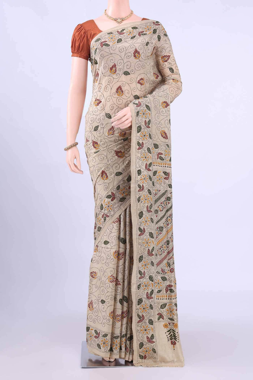 Beige Kantha Silk Saree