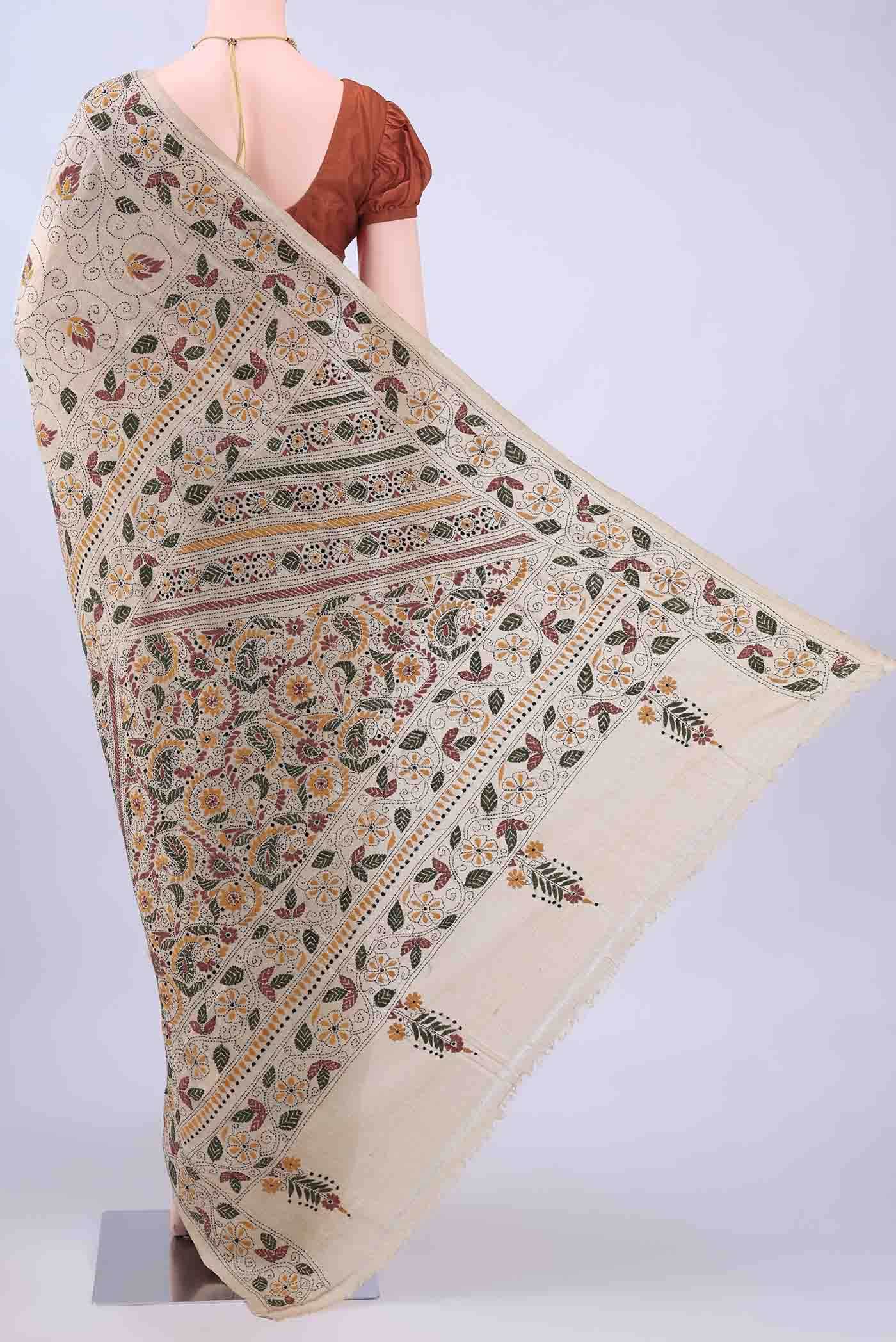 Beige Kantha Silk Saree