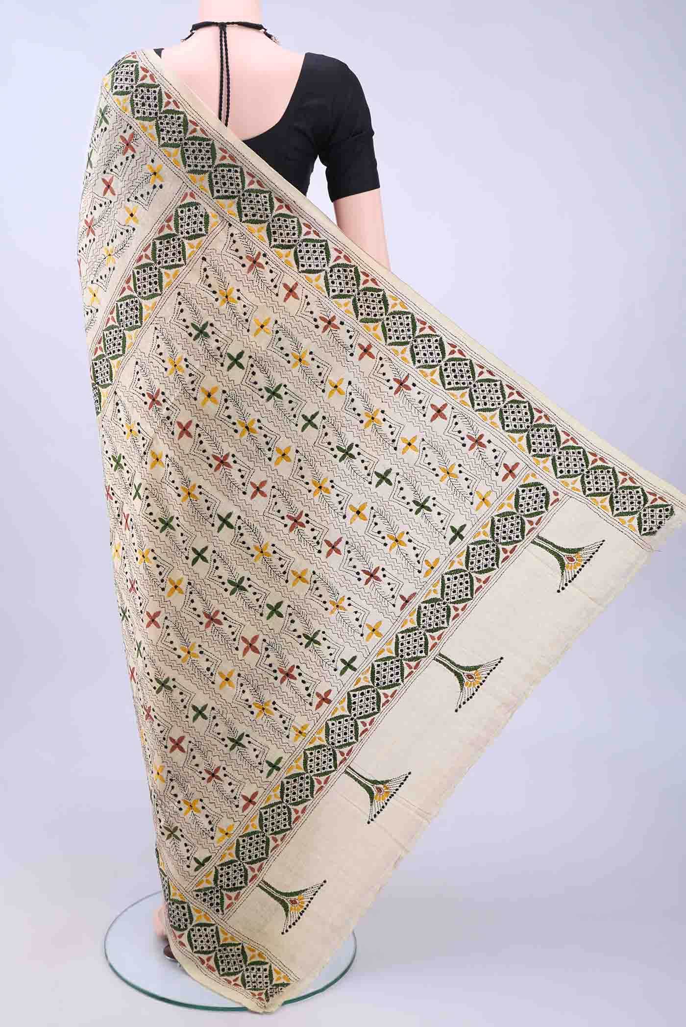 Beige Kantha Silk Saree
