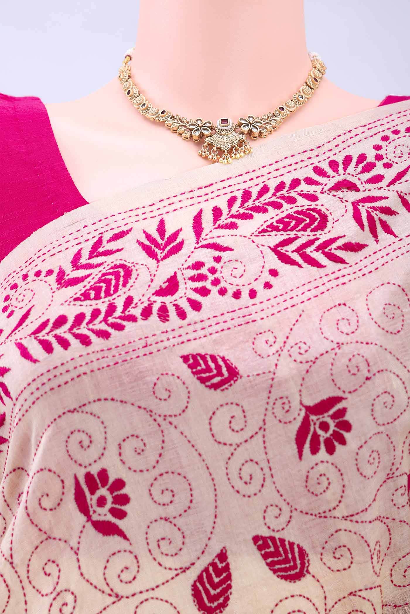 Beige Kantha Silk Saree