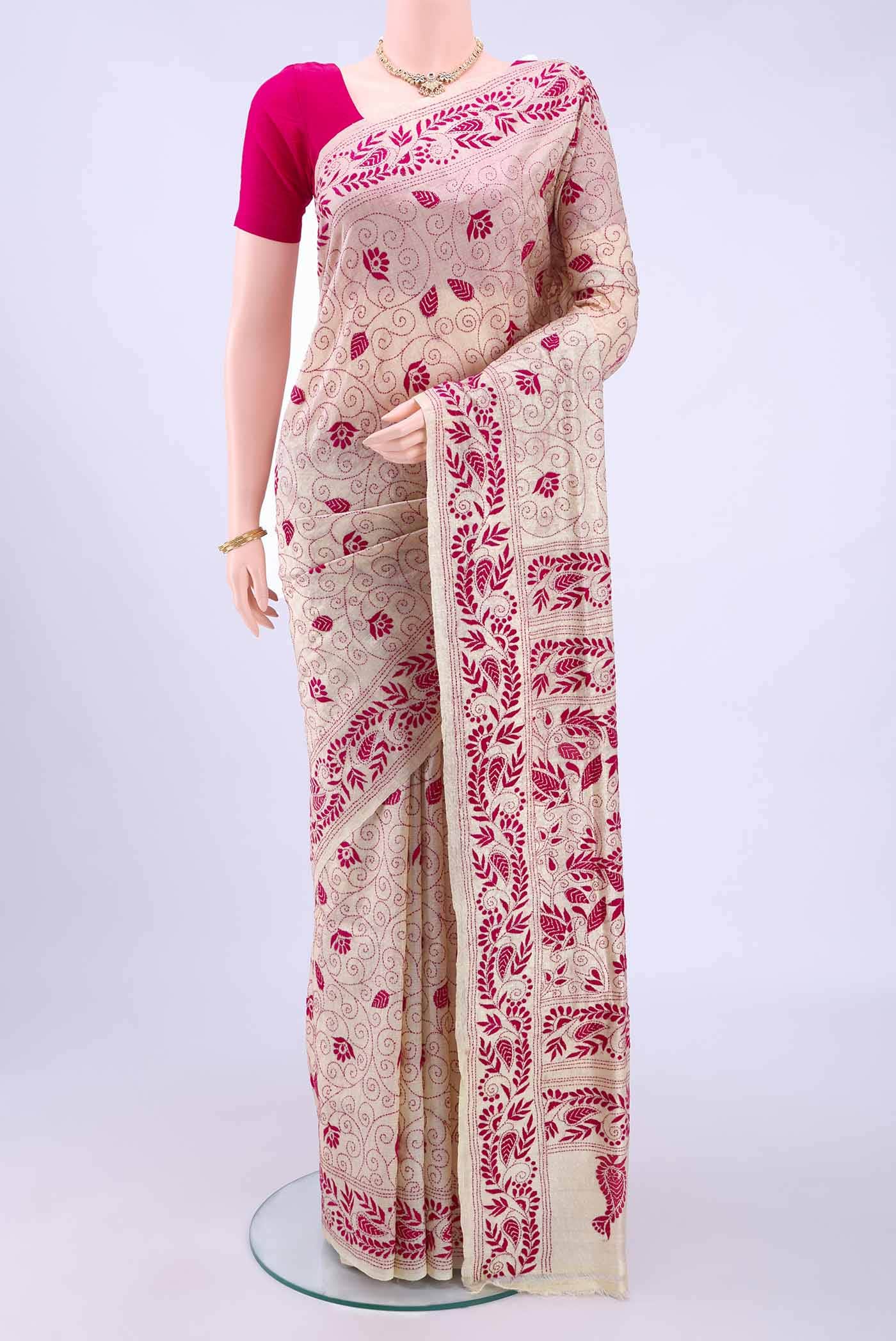 Beige Kantha Silk Saree