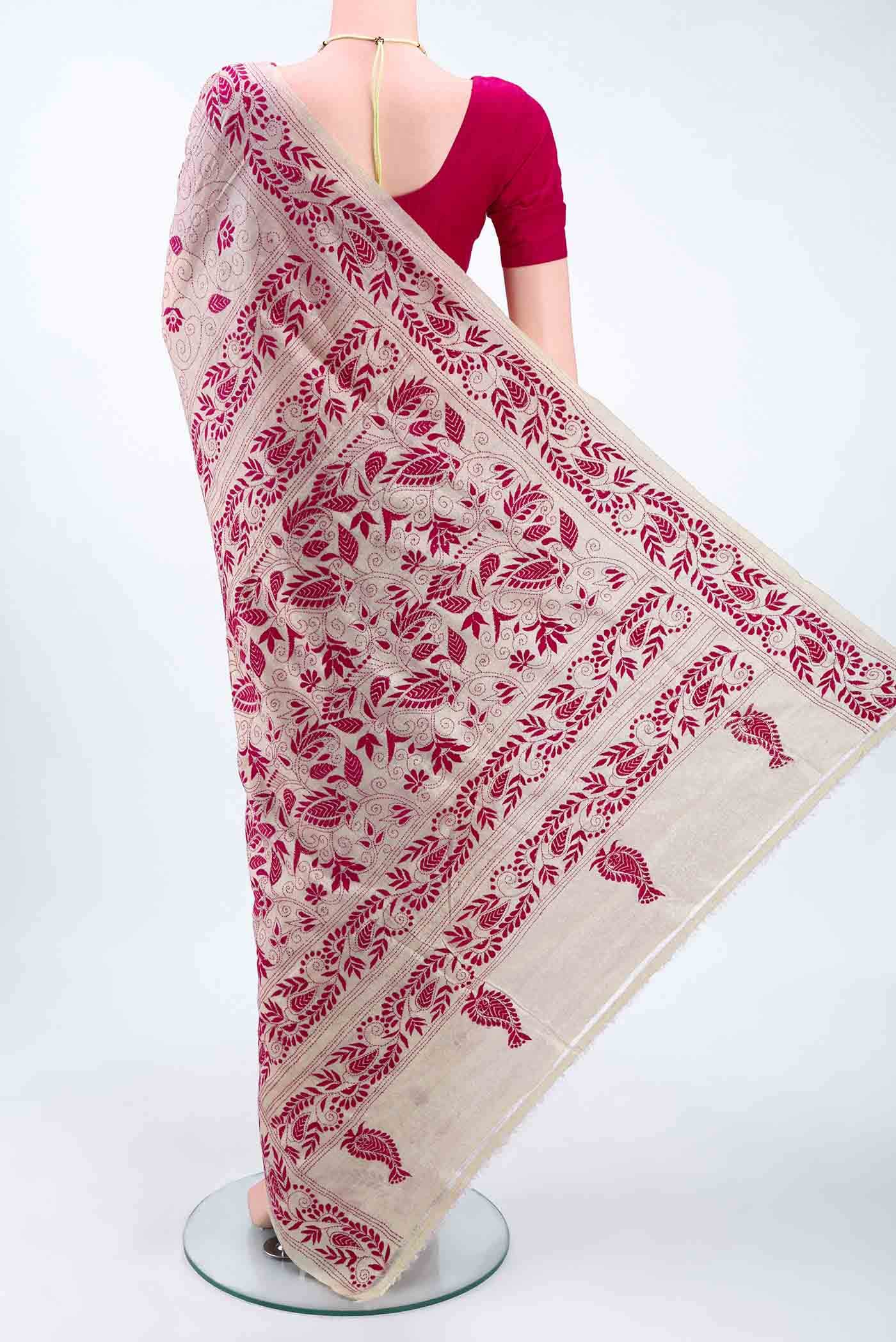Beige Kantha Silk Saree