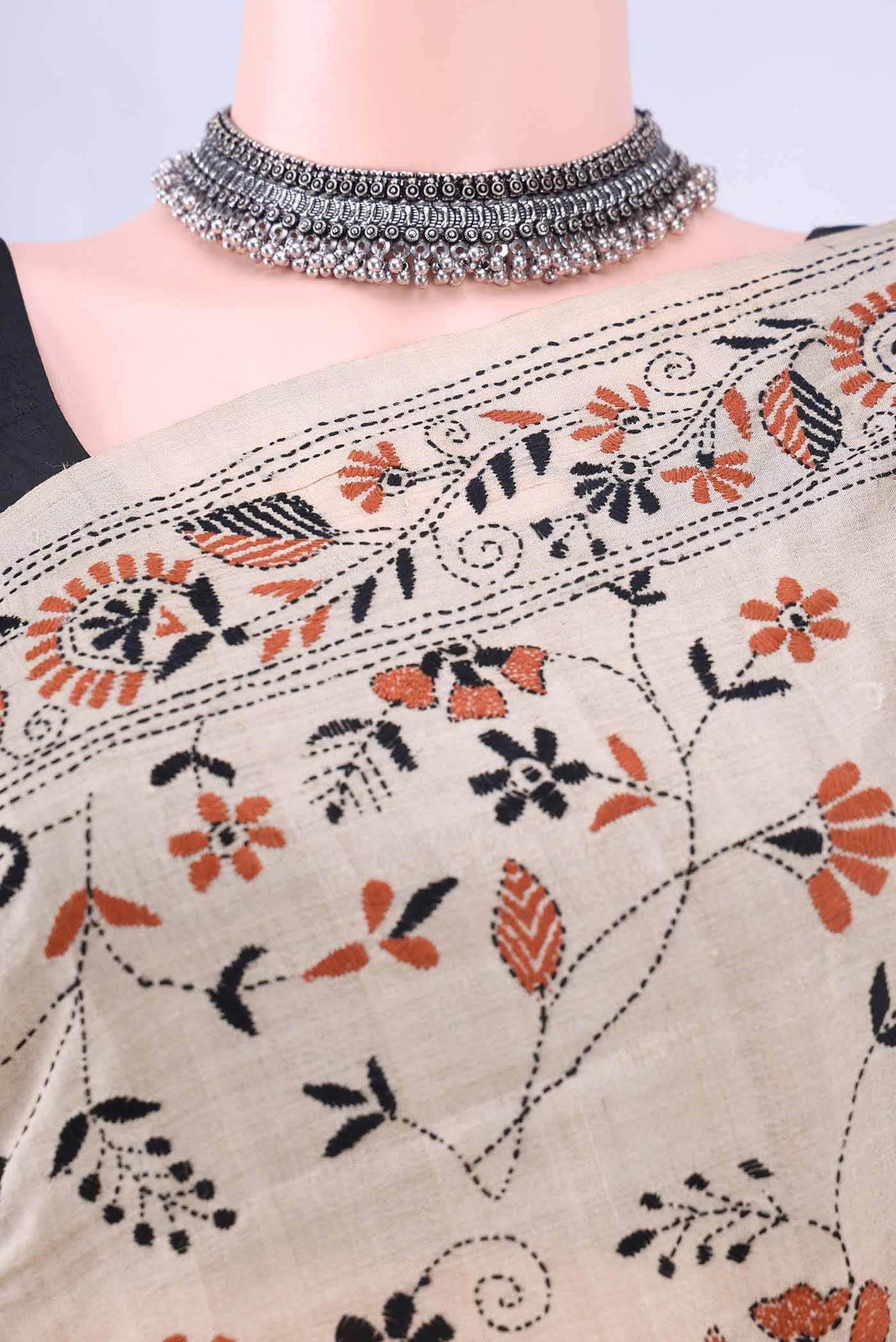 Beige Kantha Silk Saree