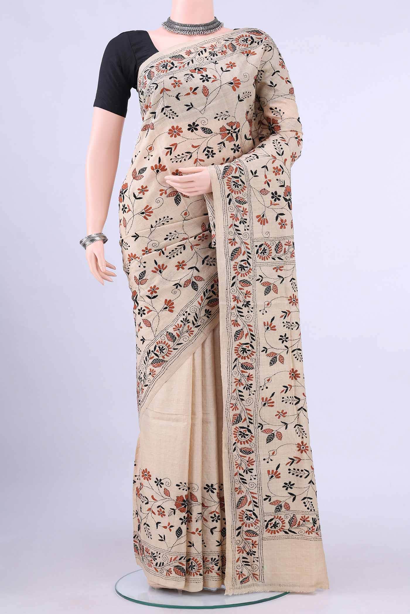 Beige Kantha Silk Saree