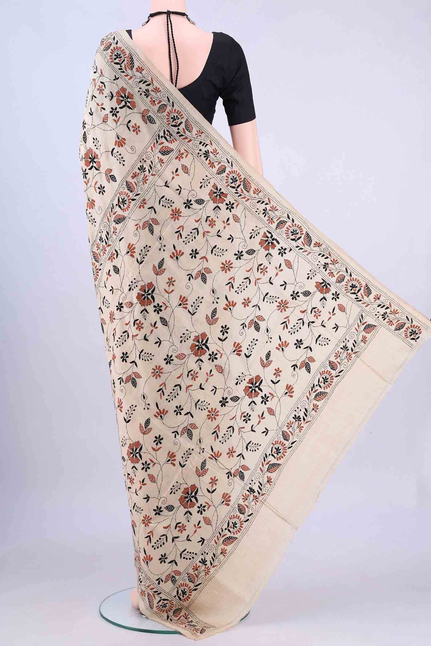 Beige Kantha Silk Saree