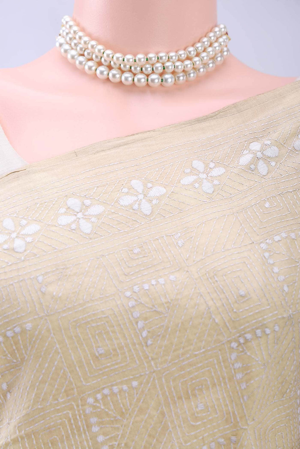 Beige Kantha Silk Saree