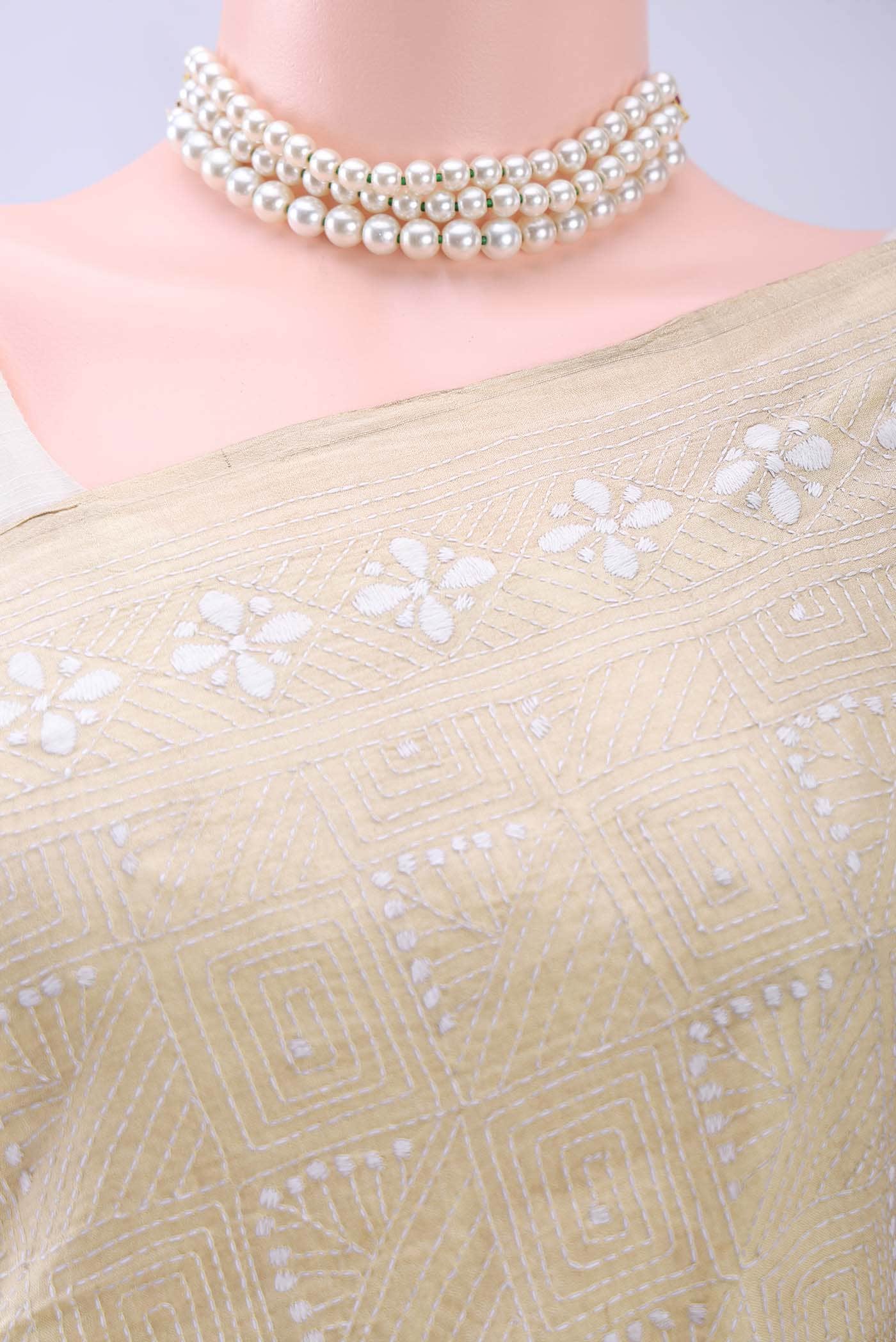 Beige Kantha Silk Saree