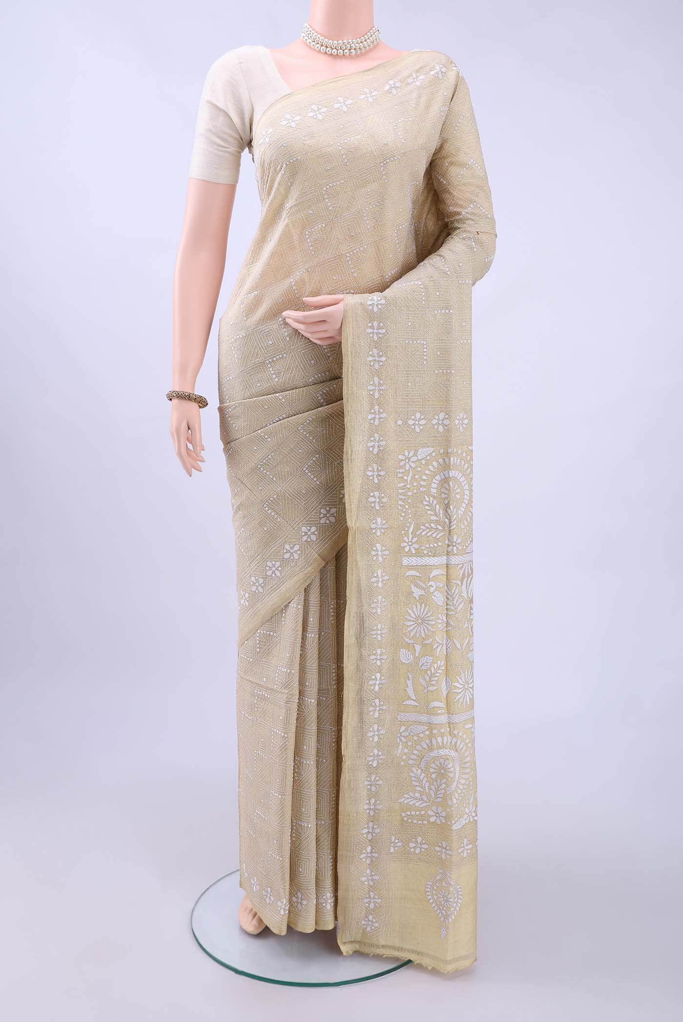 Beige Kantha Silk Saree