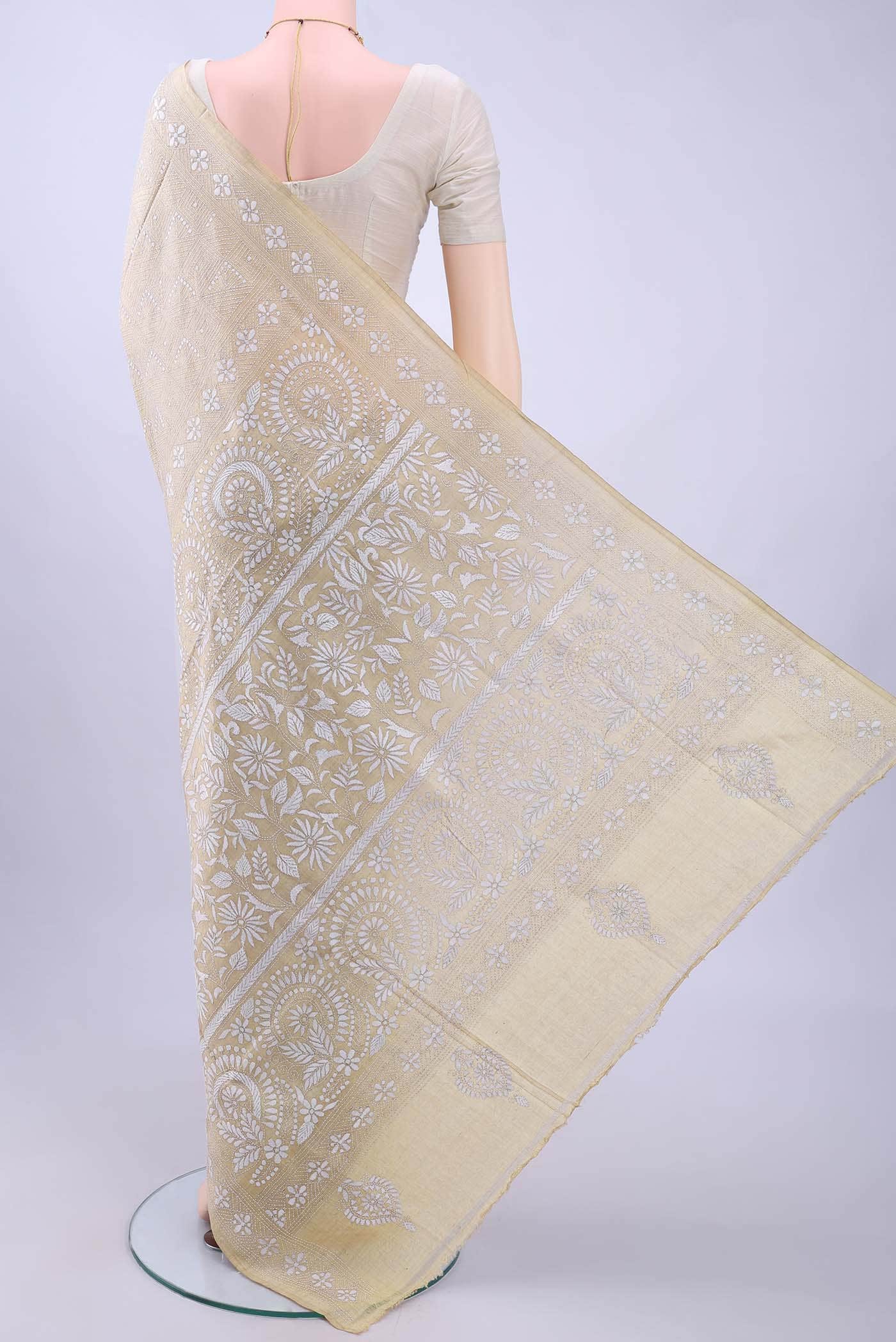 Beige Kantha Silk Saree