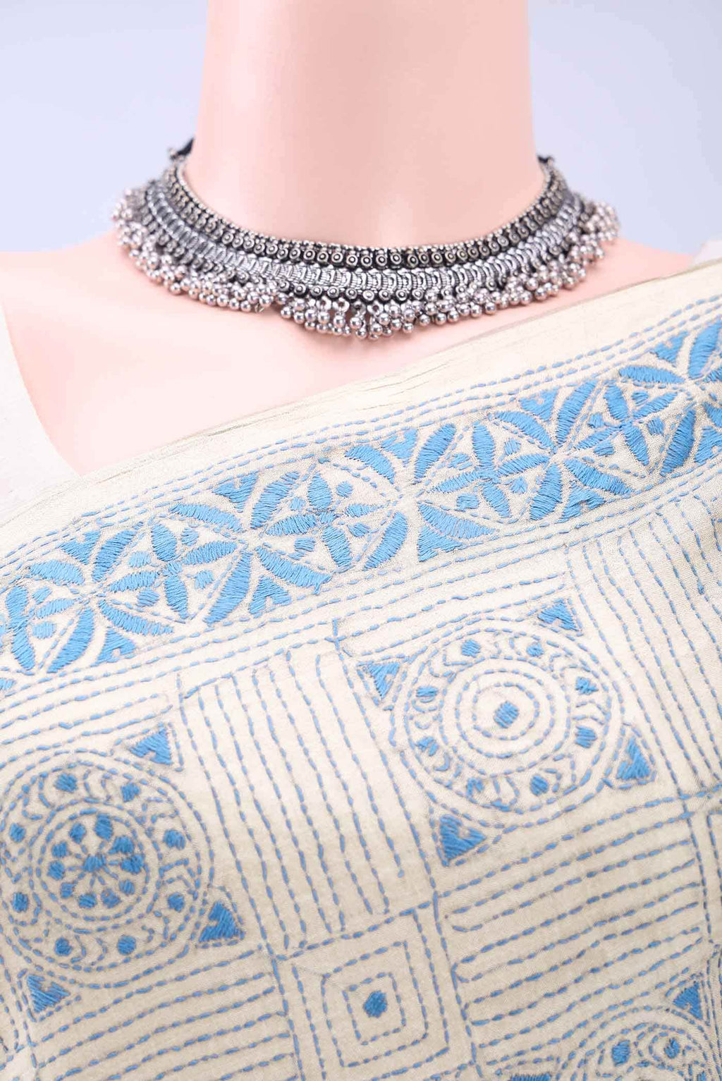 Beige Kantha Silk Saree