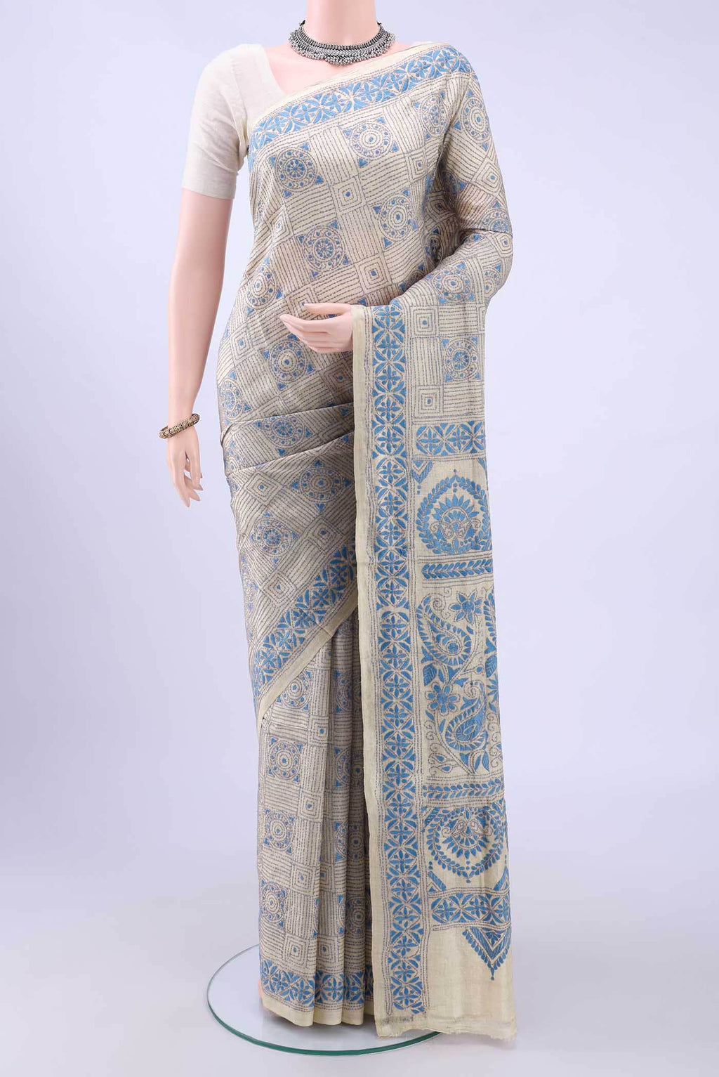 Beige Kantha Silk Saree