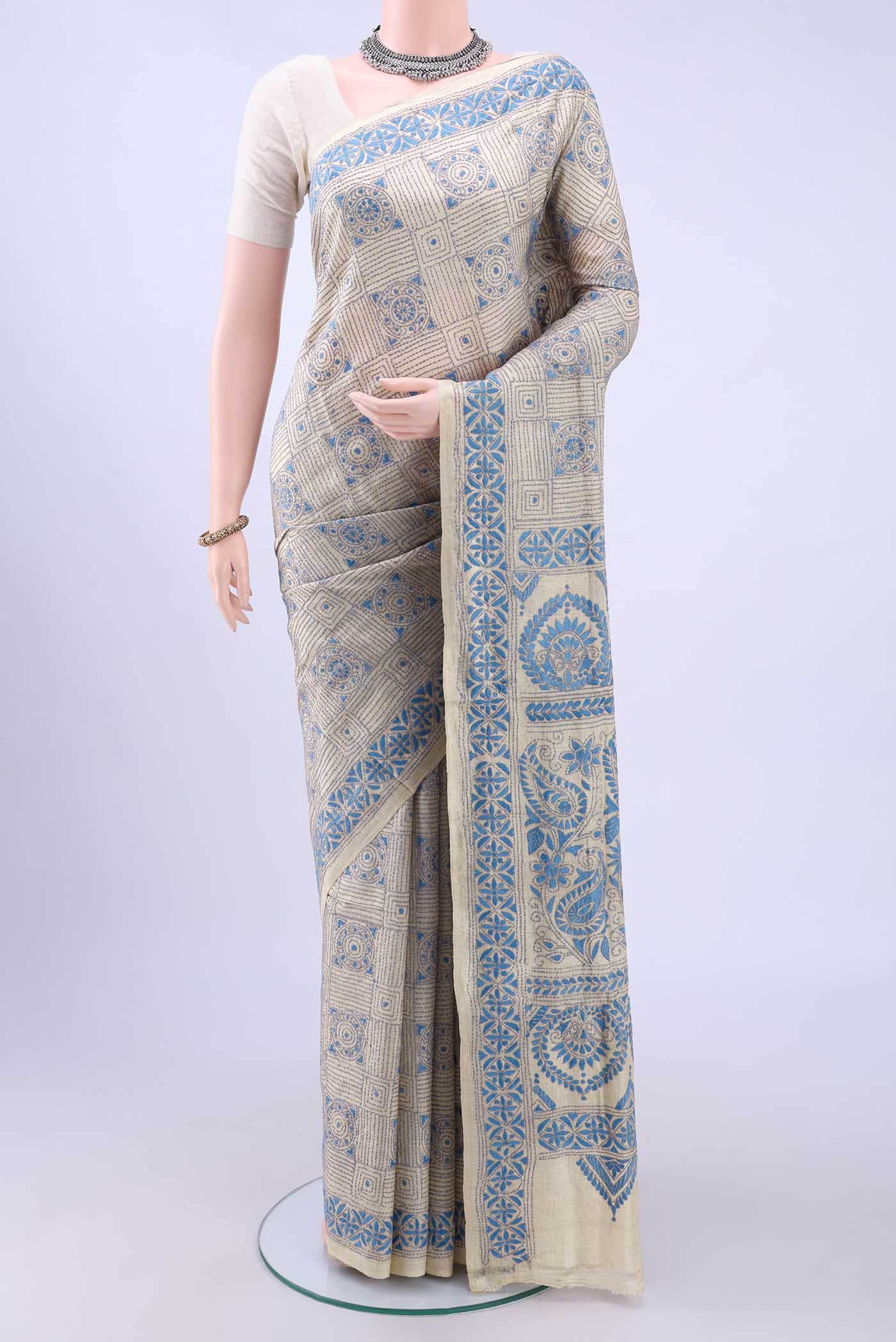 Beige Kantha Silk Saree