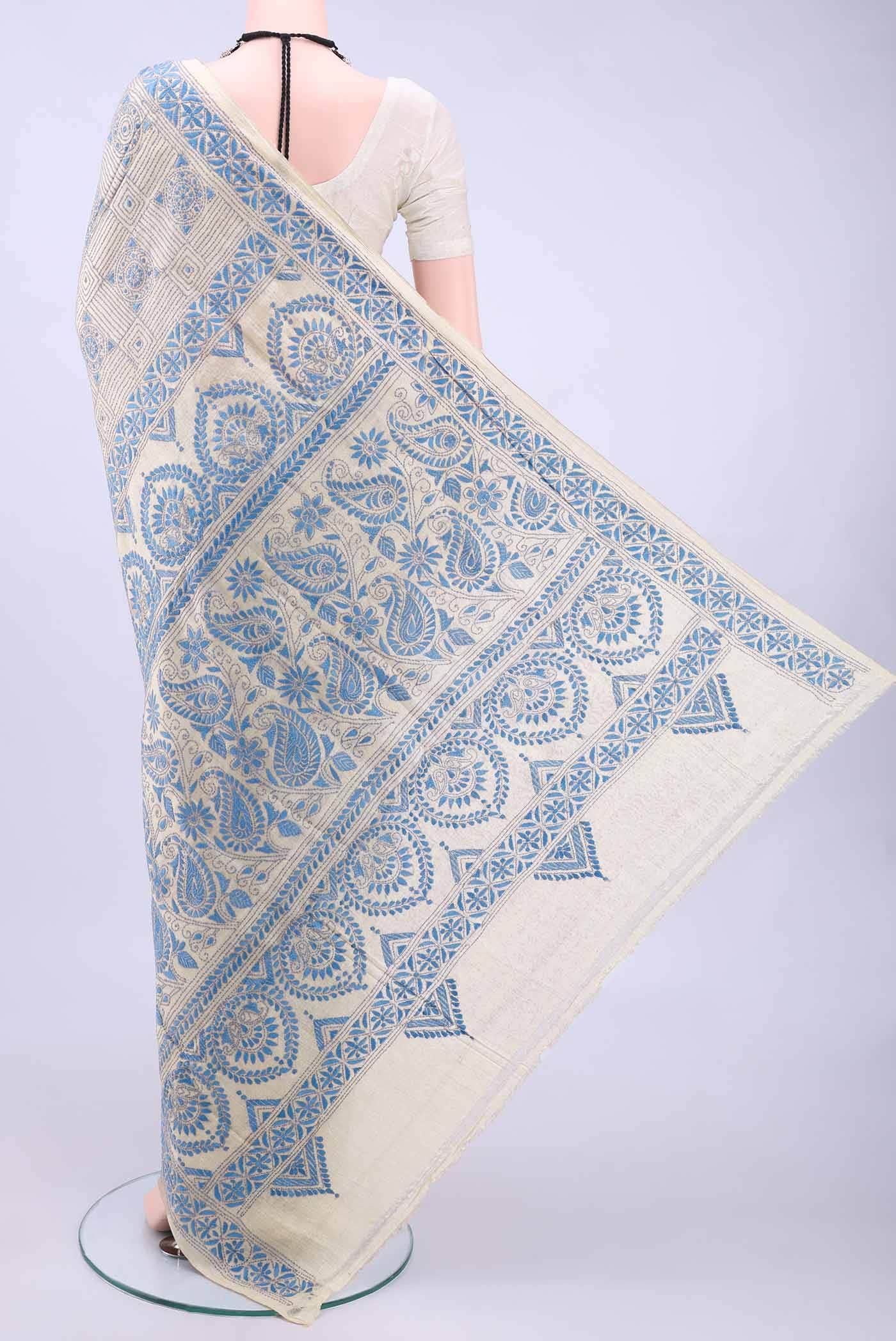 Beige Kantha Silk Saree