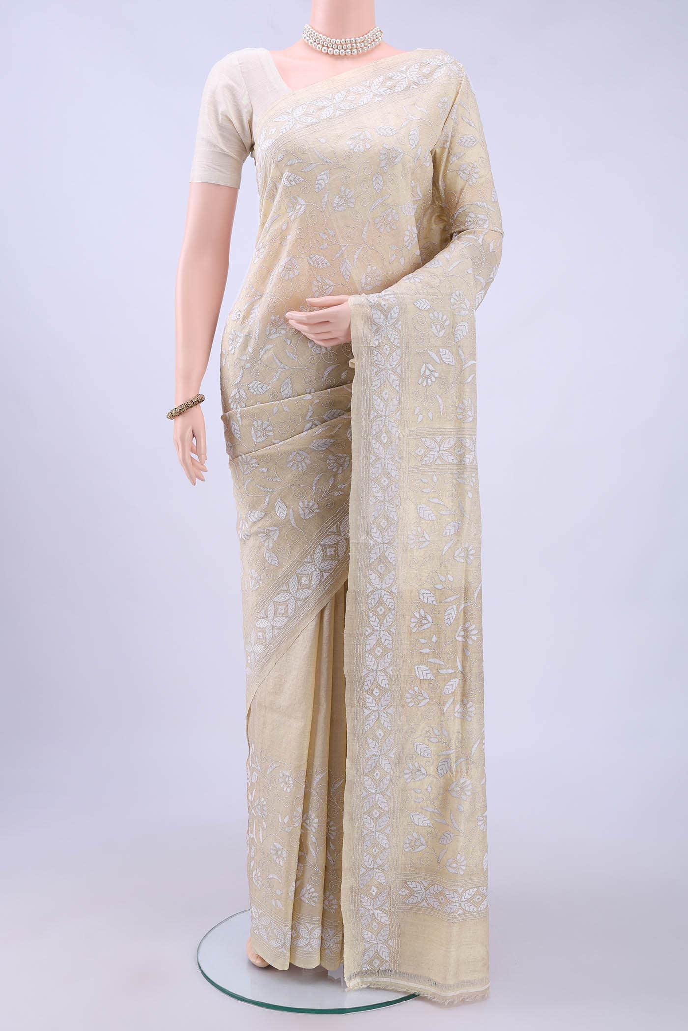 Beige Kantha Silk Saree