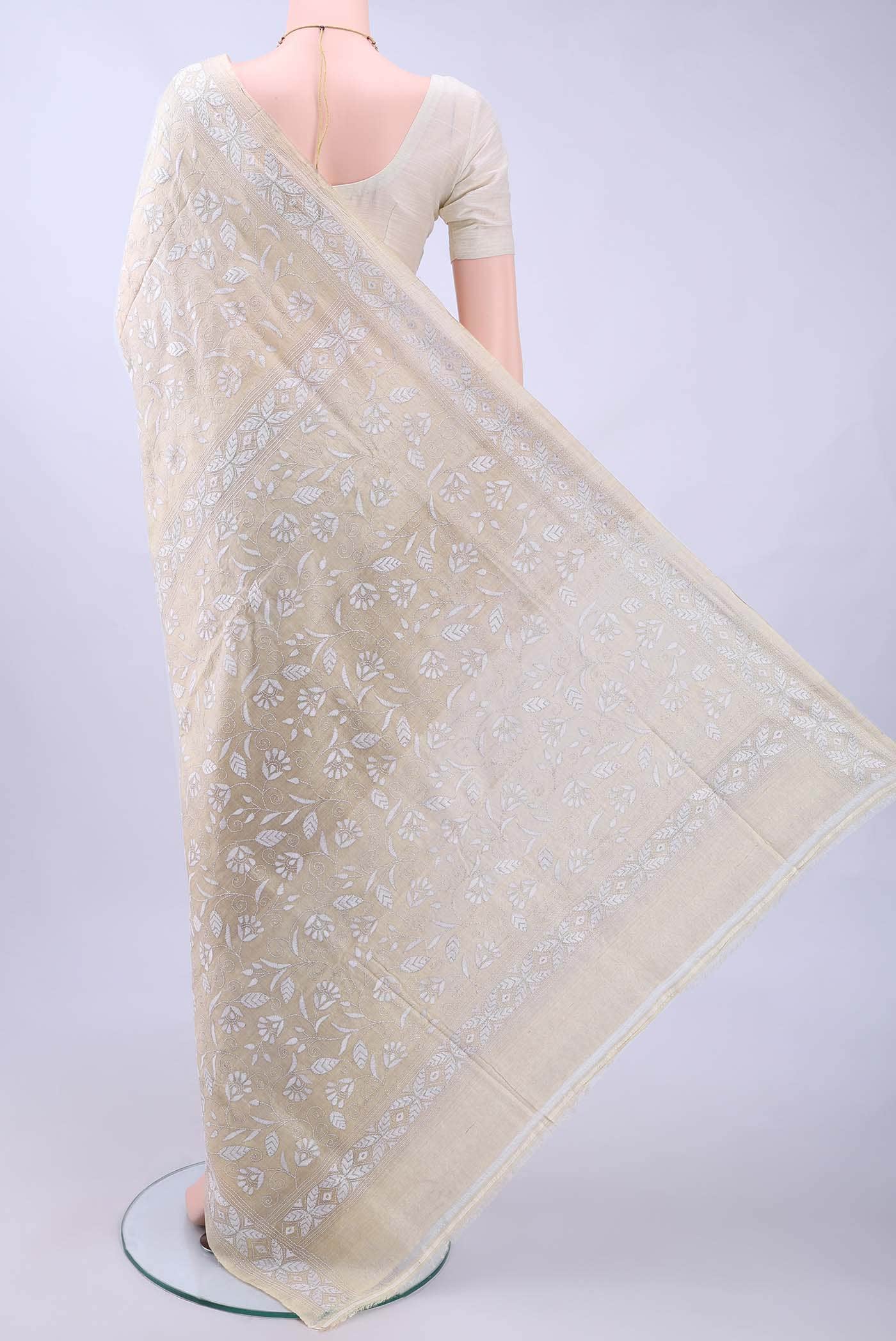 Beige Kantha Silk Saree