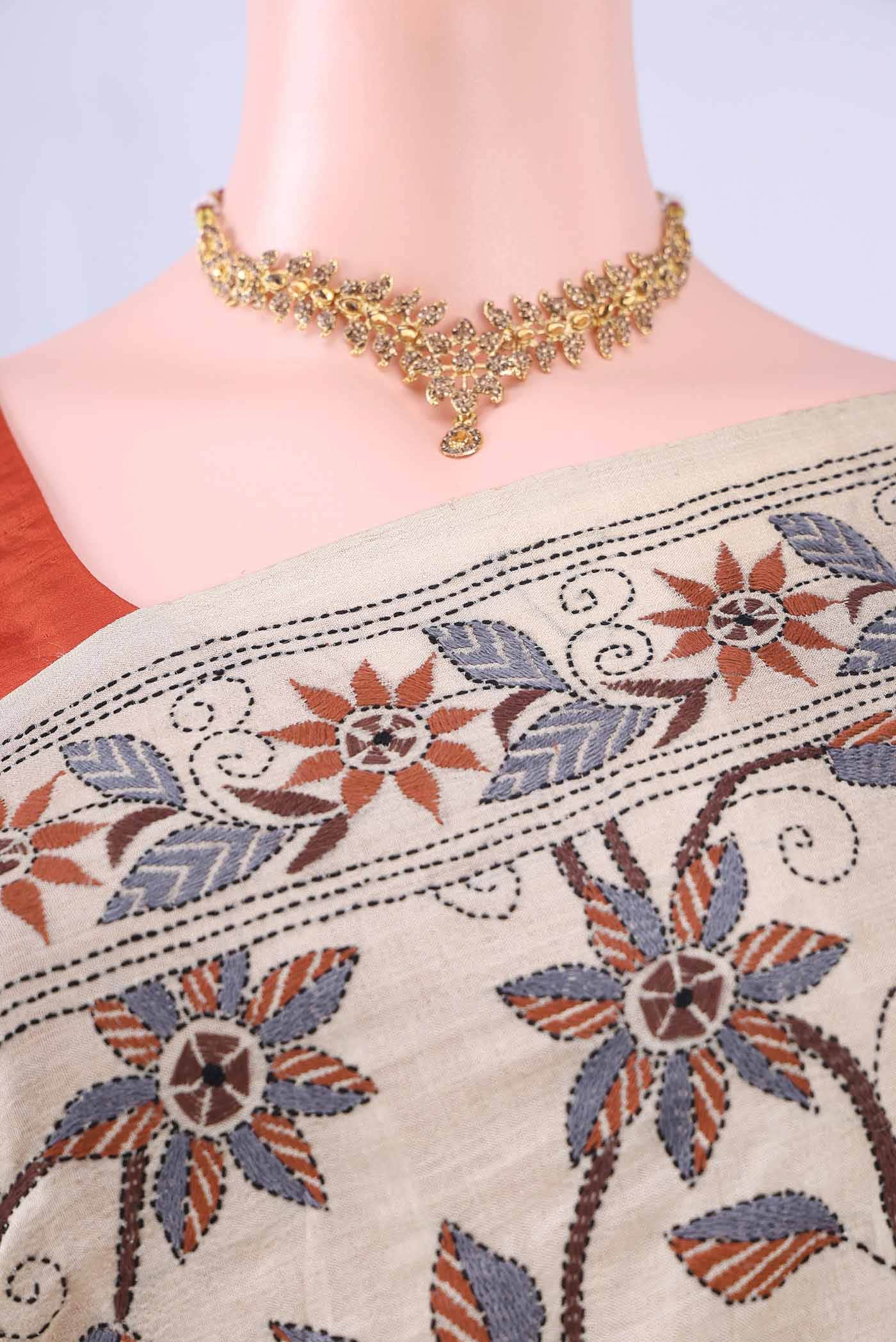 Beige Kantha Silk Saree