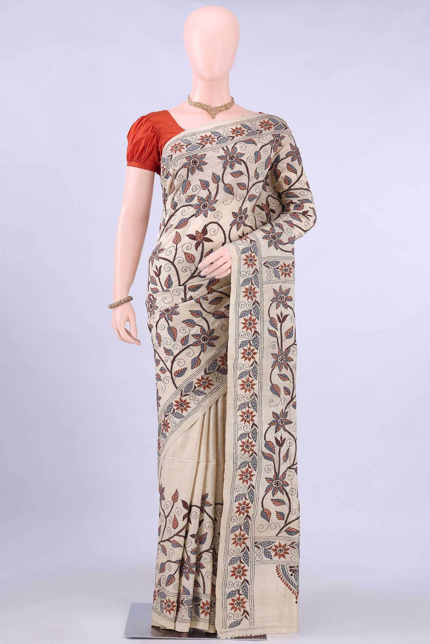 Beige Kantha Silk Saree